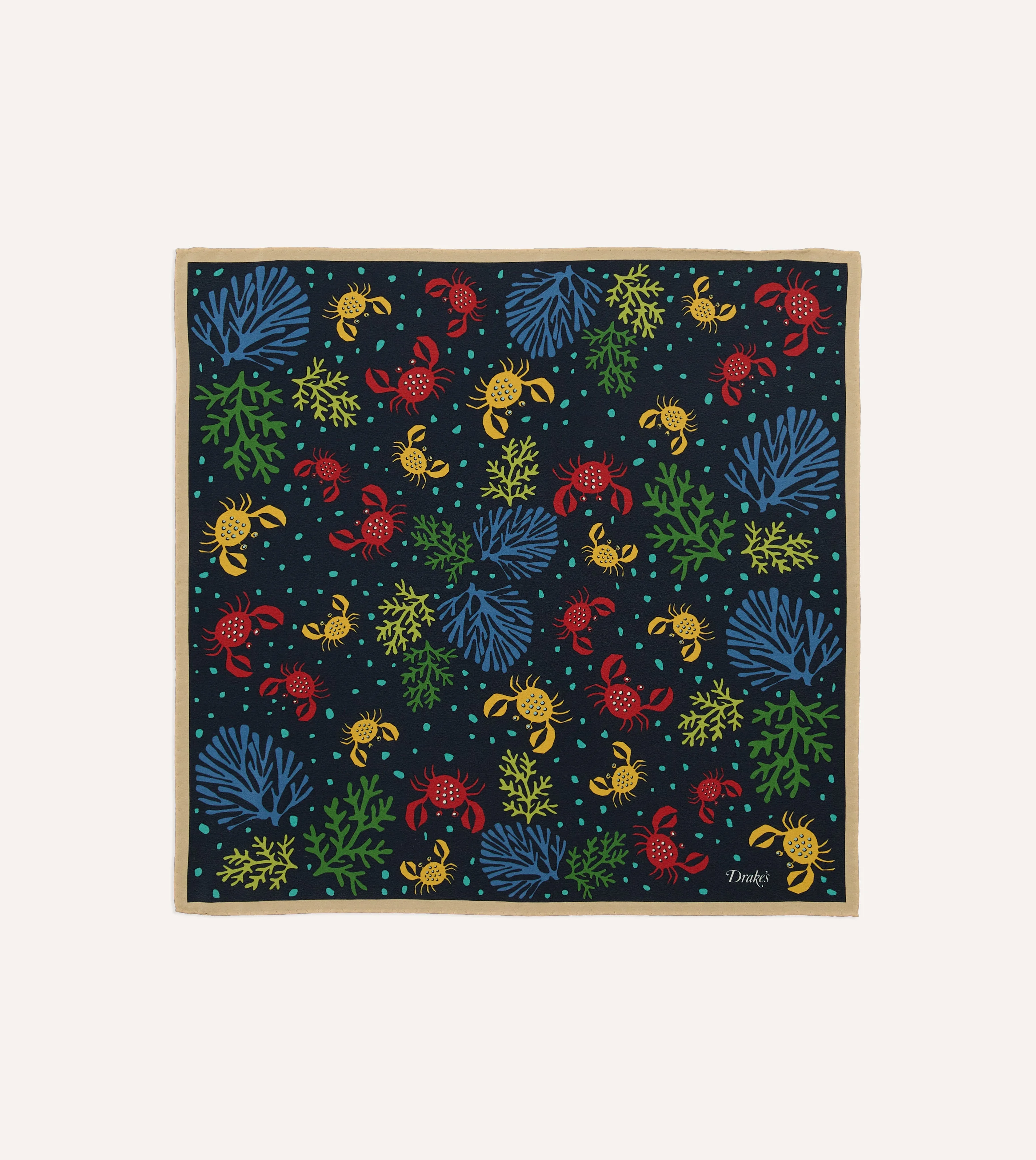 Navy Crab Print Silk Pocket Square - 1