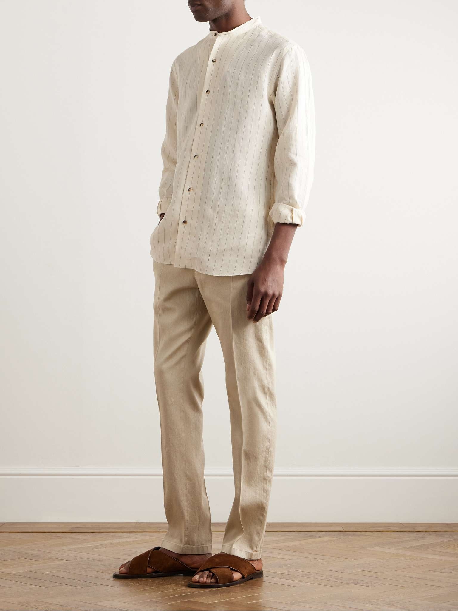 Elia Grandad-Collar Pinstriped Linen Shirt - 2