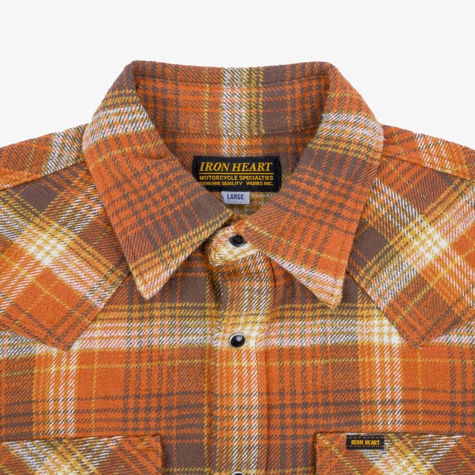 IHSH-399-ORA 12oz Slubby Heavy Flannel Check Western Shirt - Orange - 7