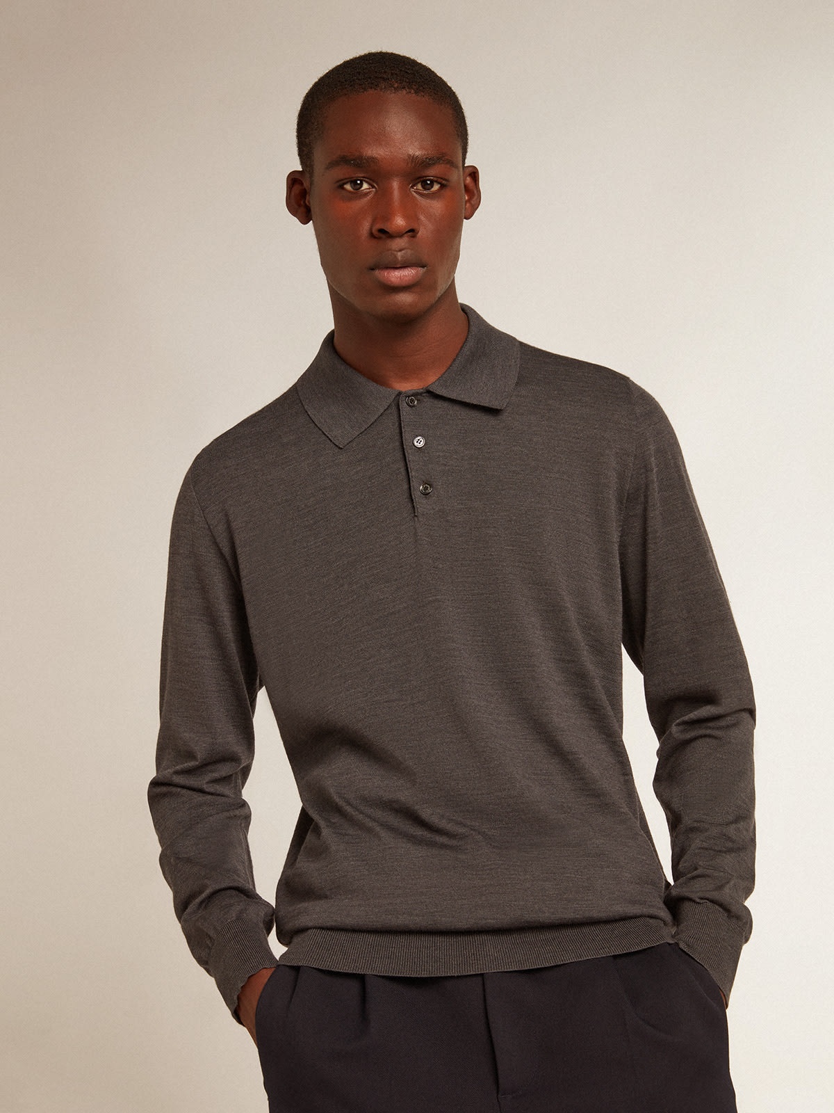 Men’s long-sleeved polo shirt in gray merino wool - 5