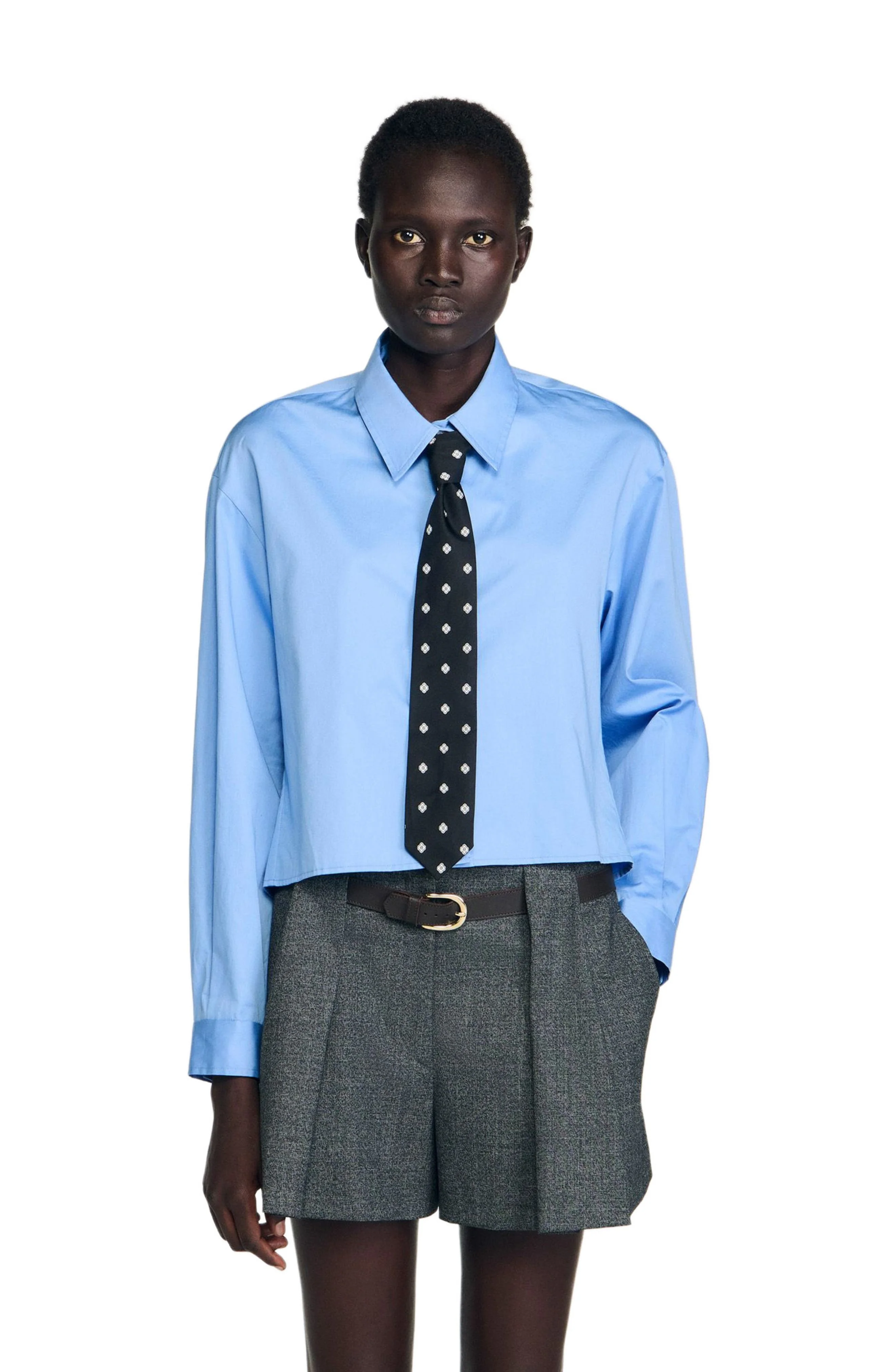 SANDRO Cropped shirt with detachable tie in Blue at Nordstrom - 1