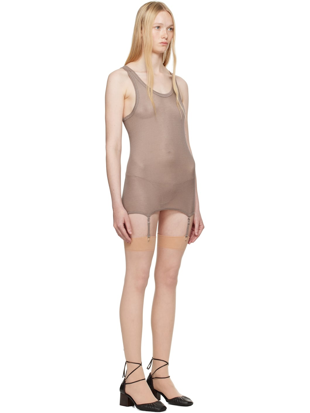 Taupe Seamless Rib Suspenders Tank Top - 2