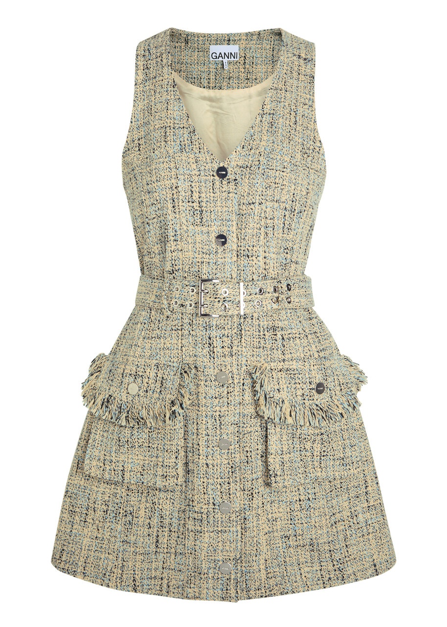 Ganni Belted Tweed Mini Dress - 1