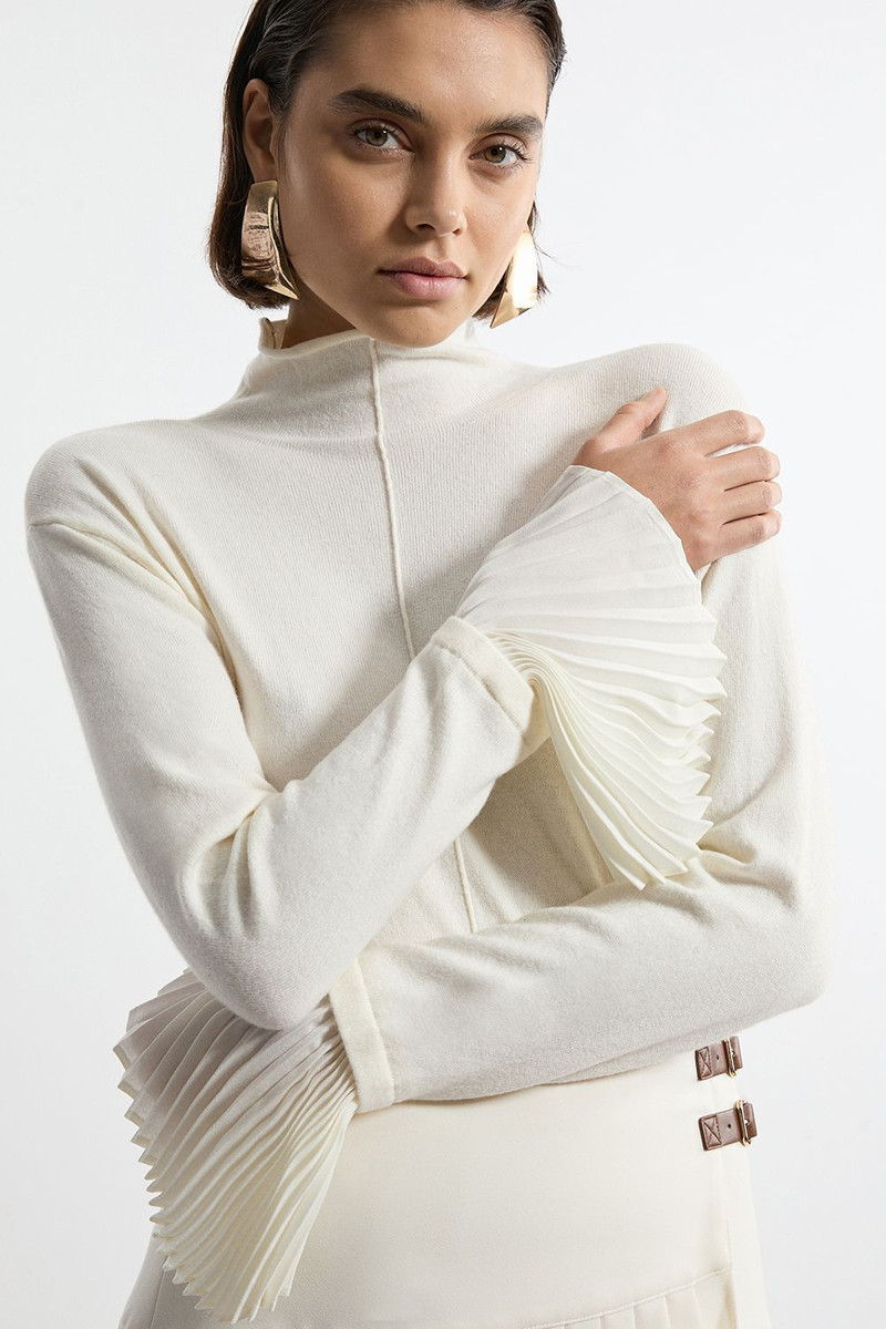 Wool and Alpaca Blend Knit Top With Pleated Silk Woven Cuffs 6