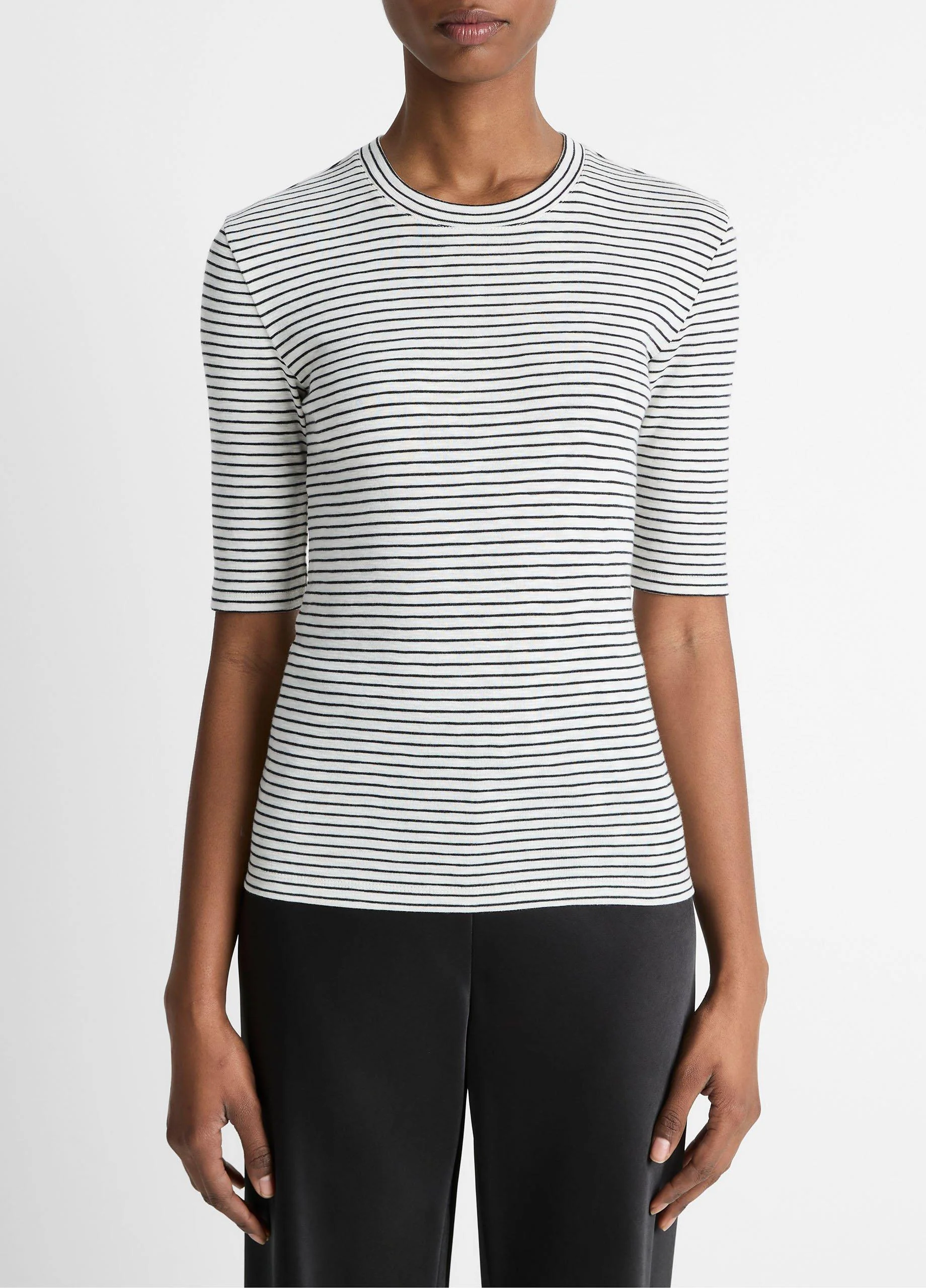 Striped Cotton-Blend Elbow-Sleeve T-Shirt - 1