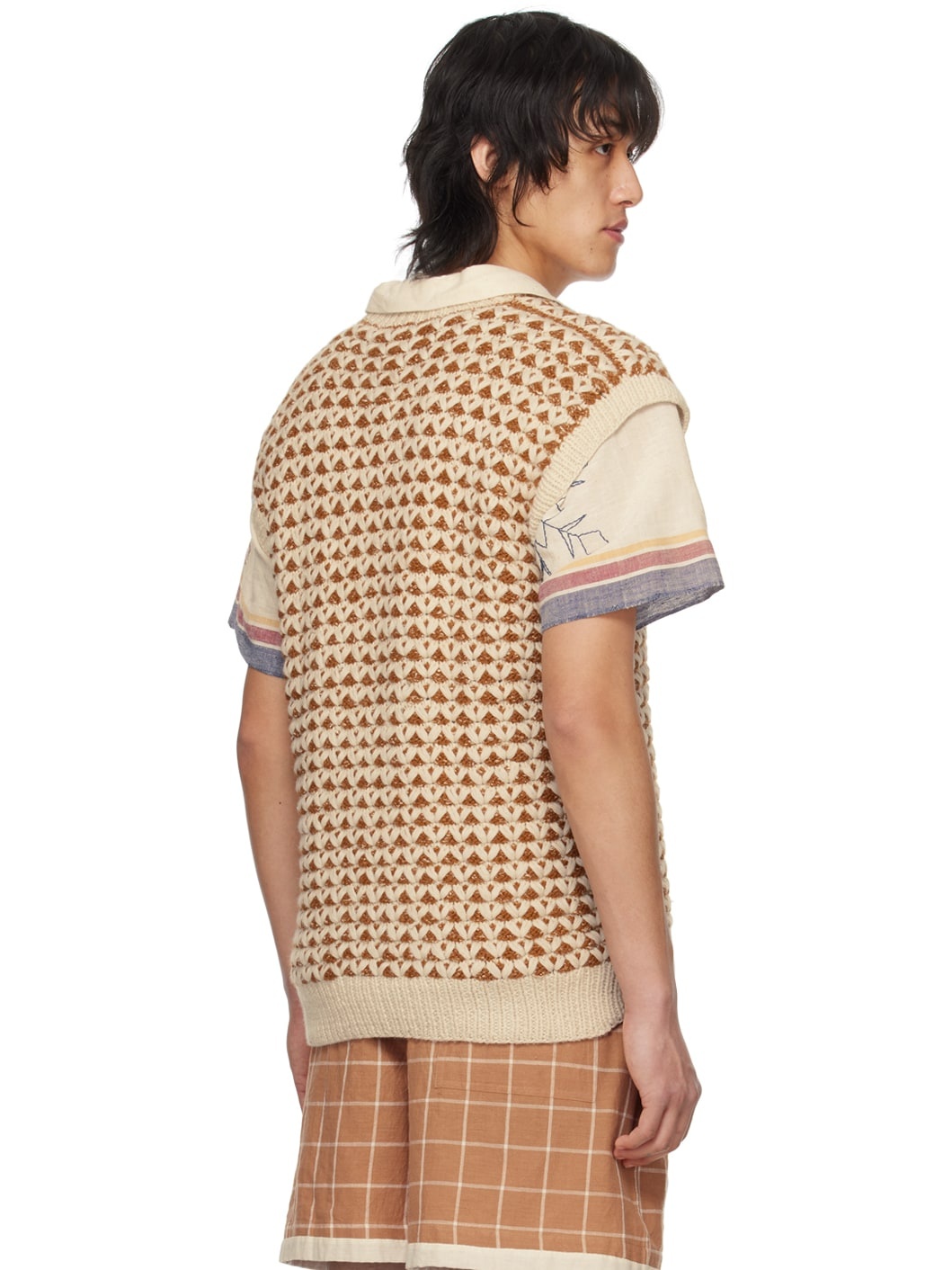 Orange & Off-White Jacquard Vest - 3