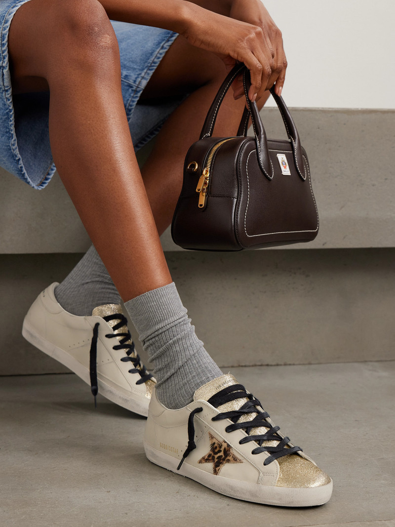 Golden Goose Super-star Distressed Glittered Leather And Calf Hair Sneakers outlook