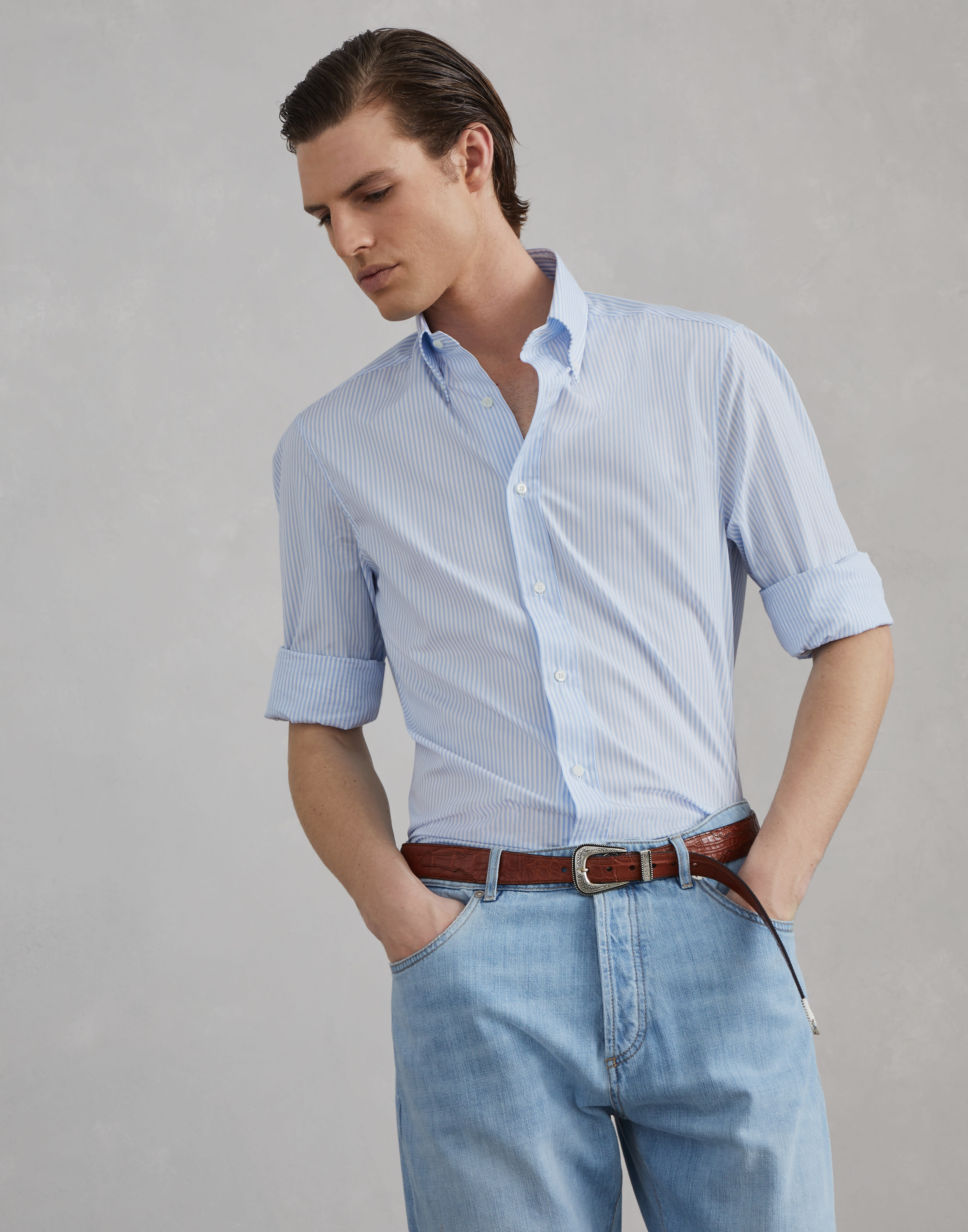 Striped cotton slim fit shirt with button-down collar - 4