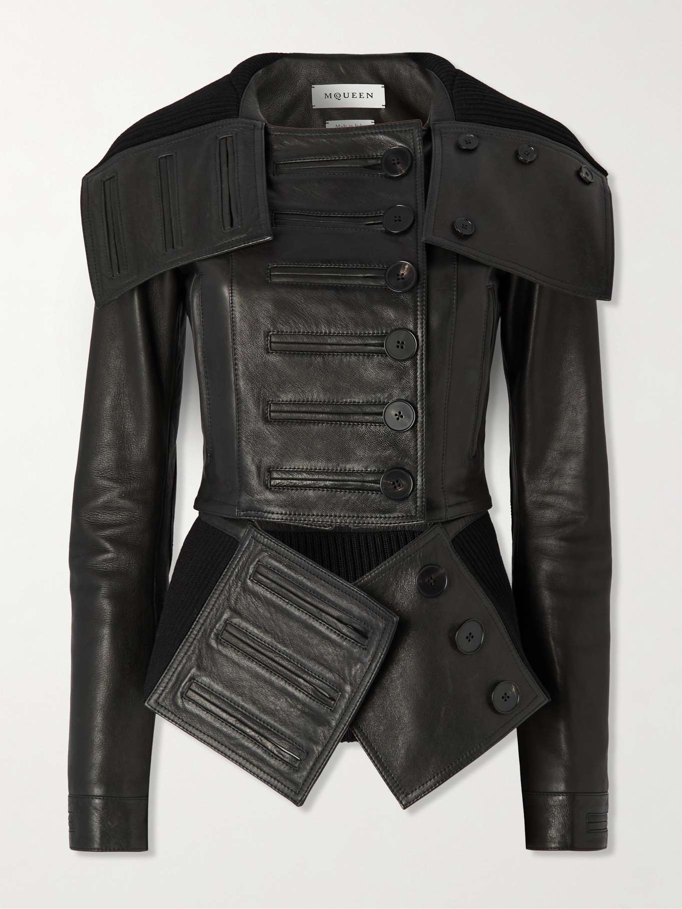 Paneled leather and ribbed cotton-blend jacket Black - 1