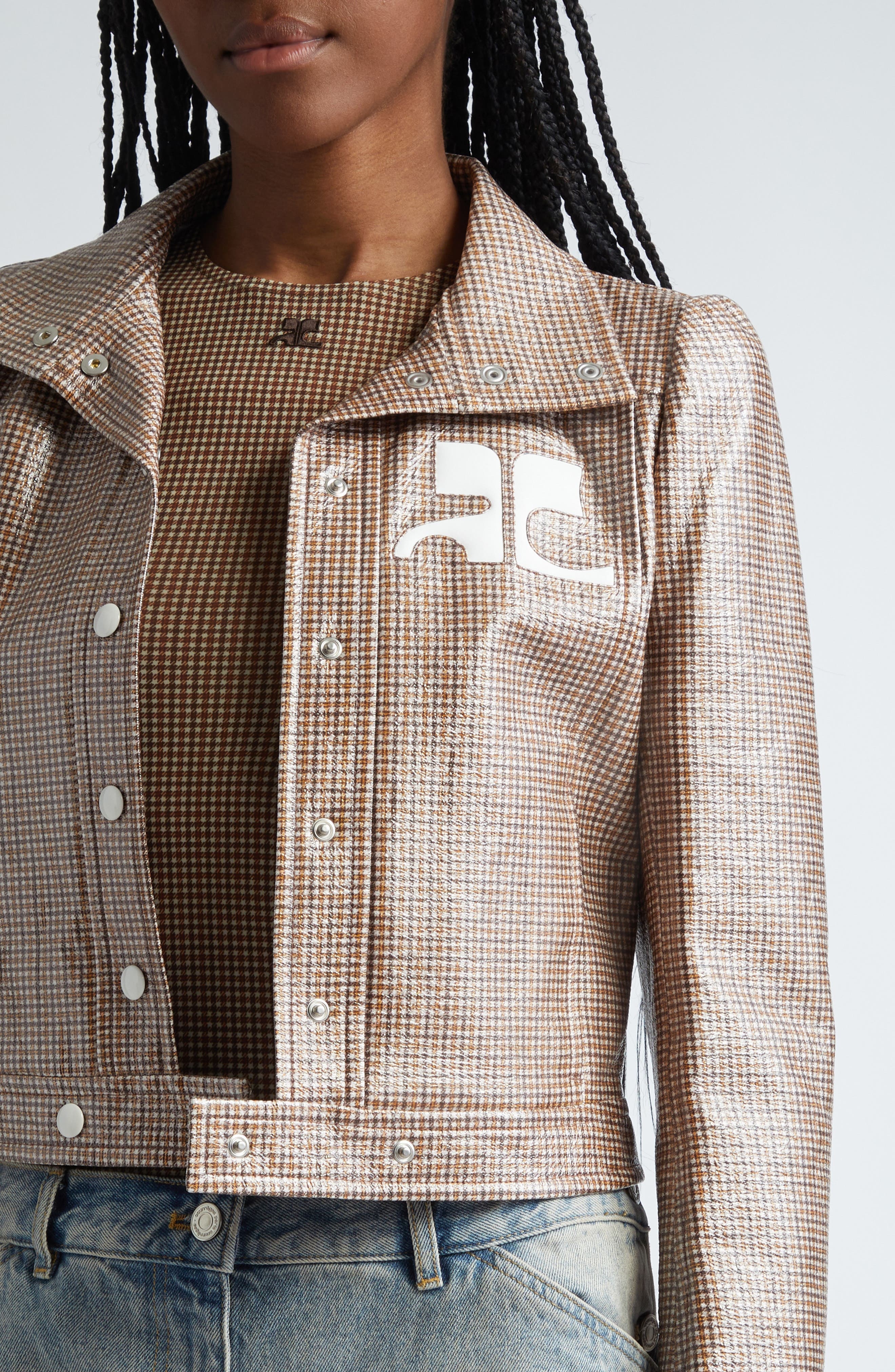 Courrèges Reedition Check Coated Jacket in Brown /White at Nordstrom - 5