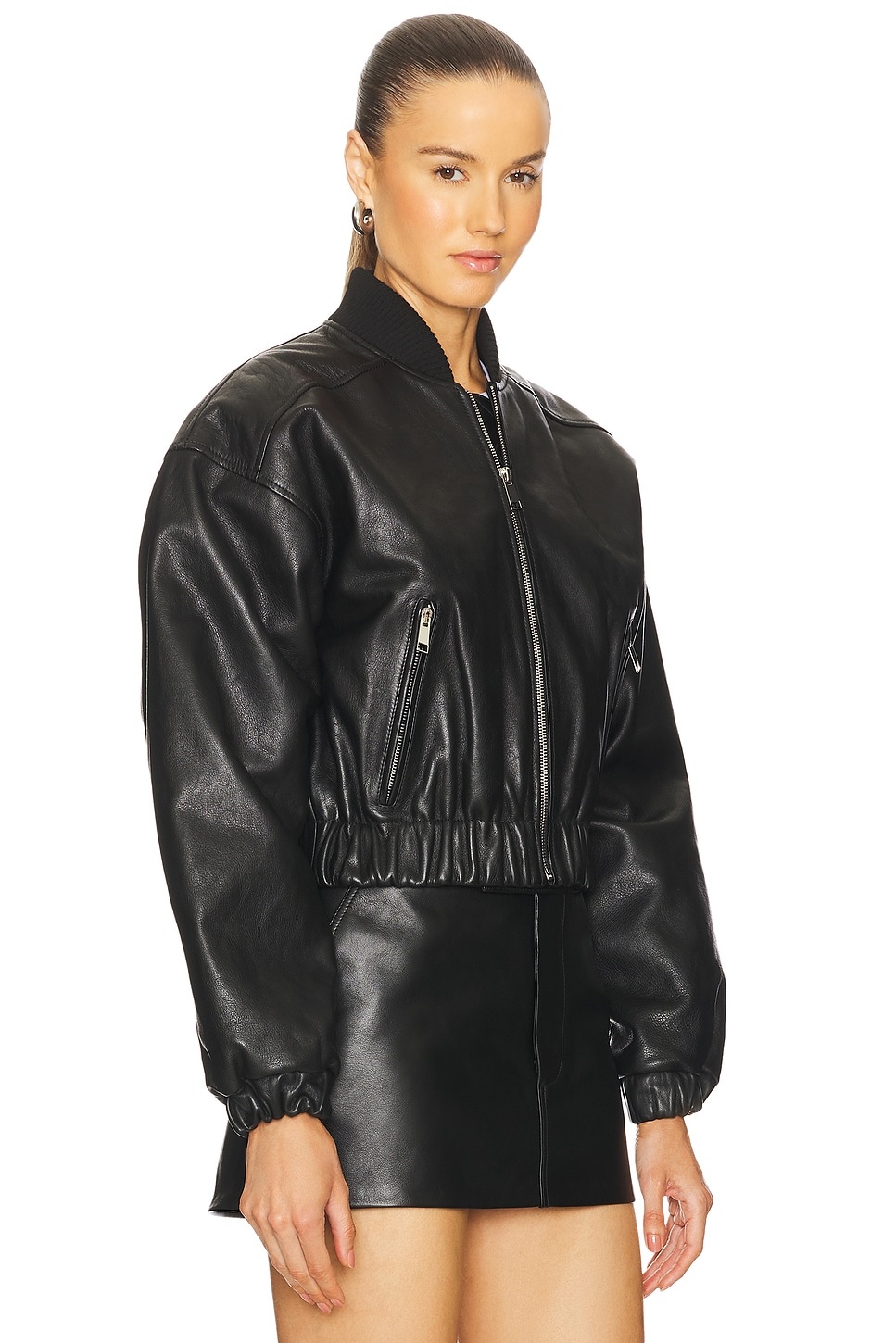 Cropped Leather Bomber Jacket - 3