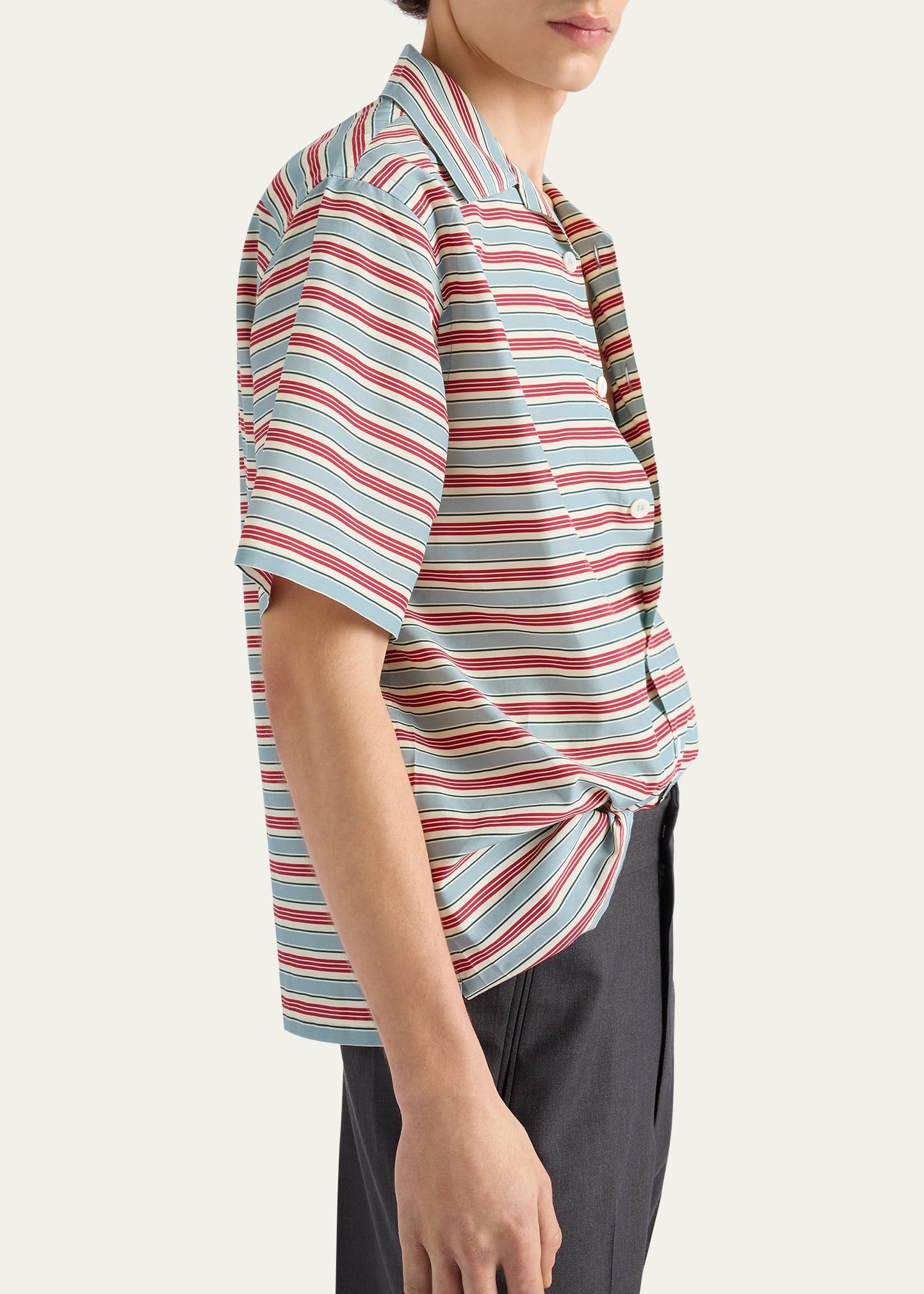 Men's Cotton and Silk Stripe Short-Sleeve Shirt - 4