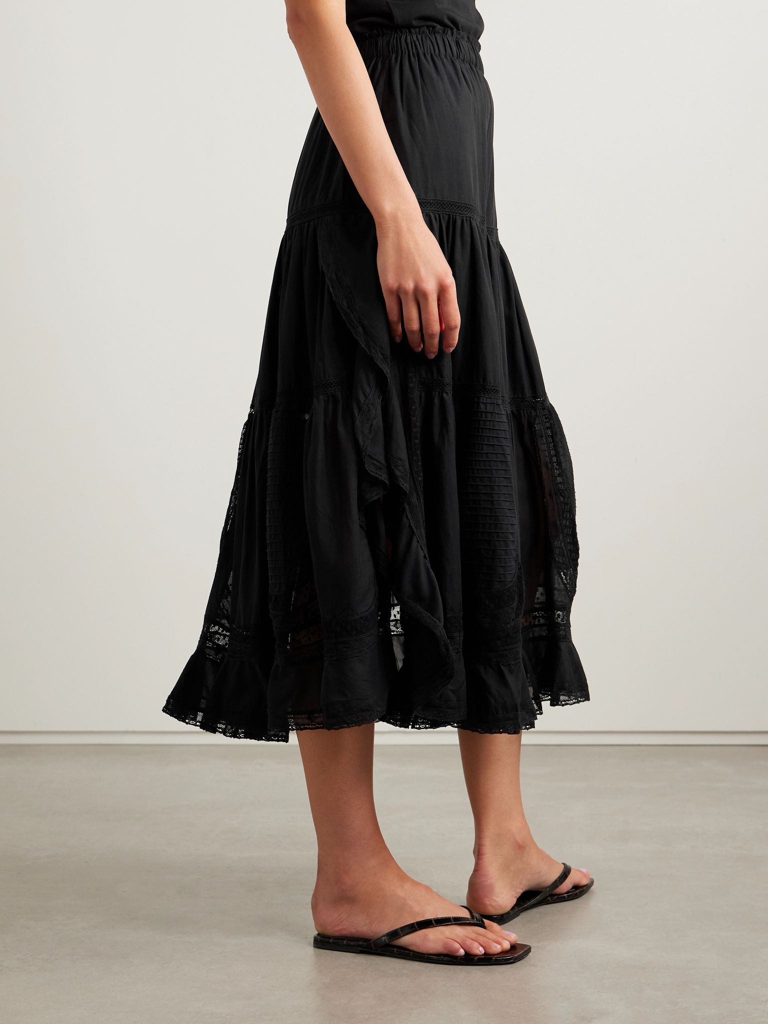 Franca tiered lace-trimmed cotton-blend midi skirt Black - 3