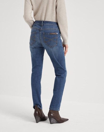 Brunello Cucinelli Stretch denim slim trousers with shiny leather tab outlook