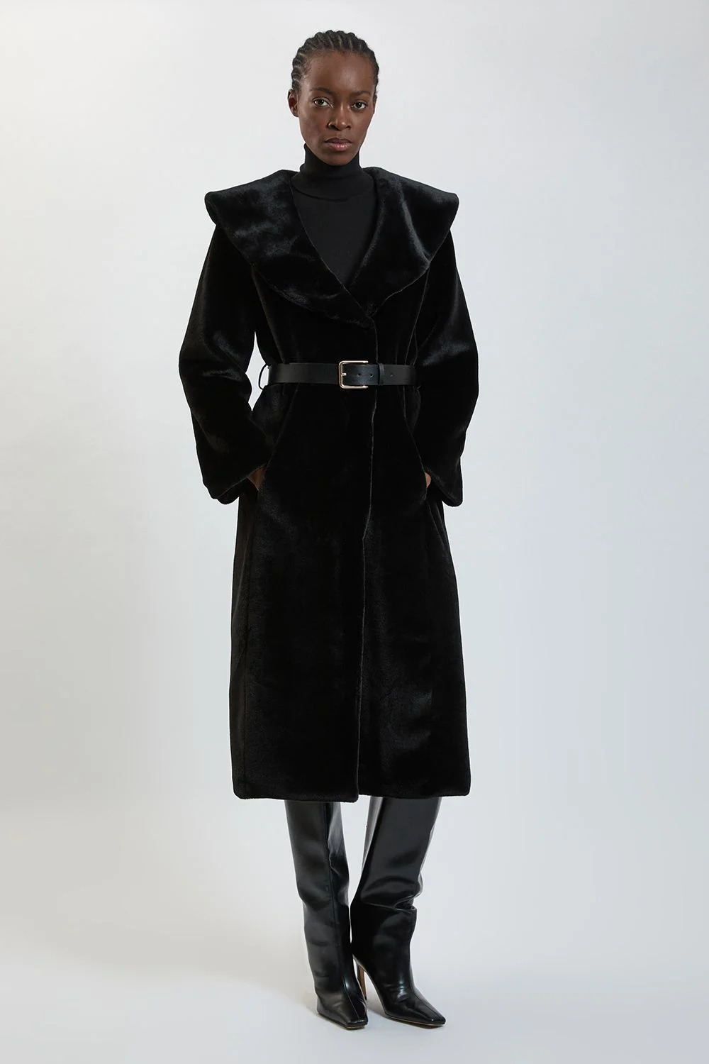 Faux Fur Oversize Collar Belted Midi Coat - 1