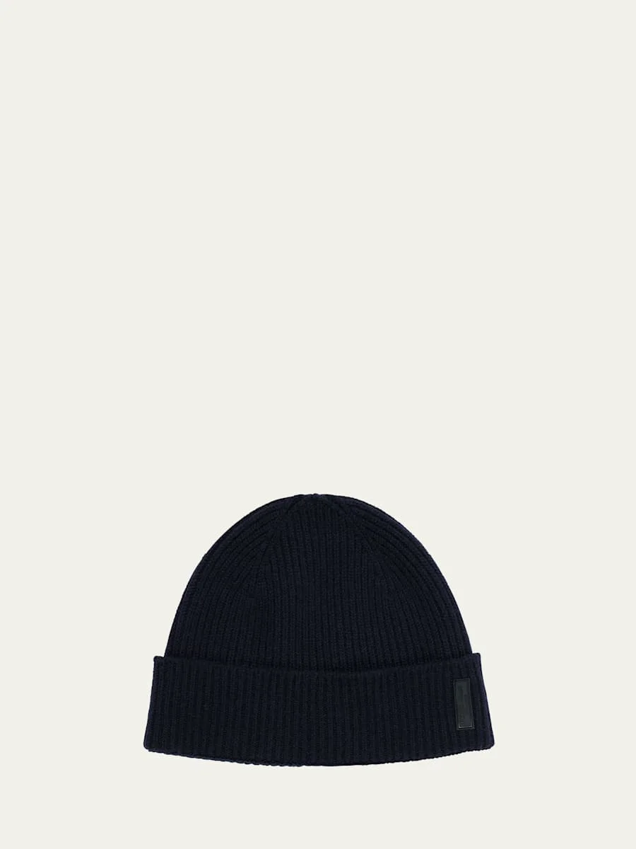 Men's Cashmere and Wool Cuff-Label Beanie Hat - 1