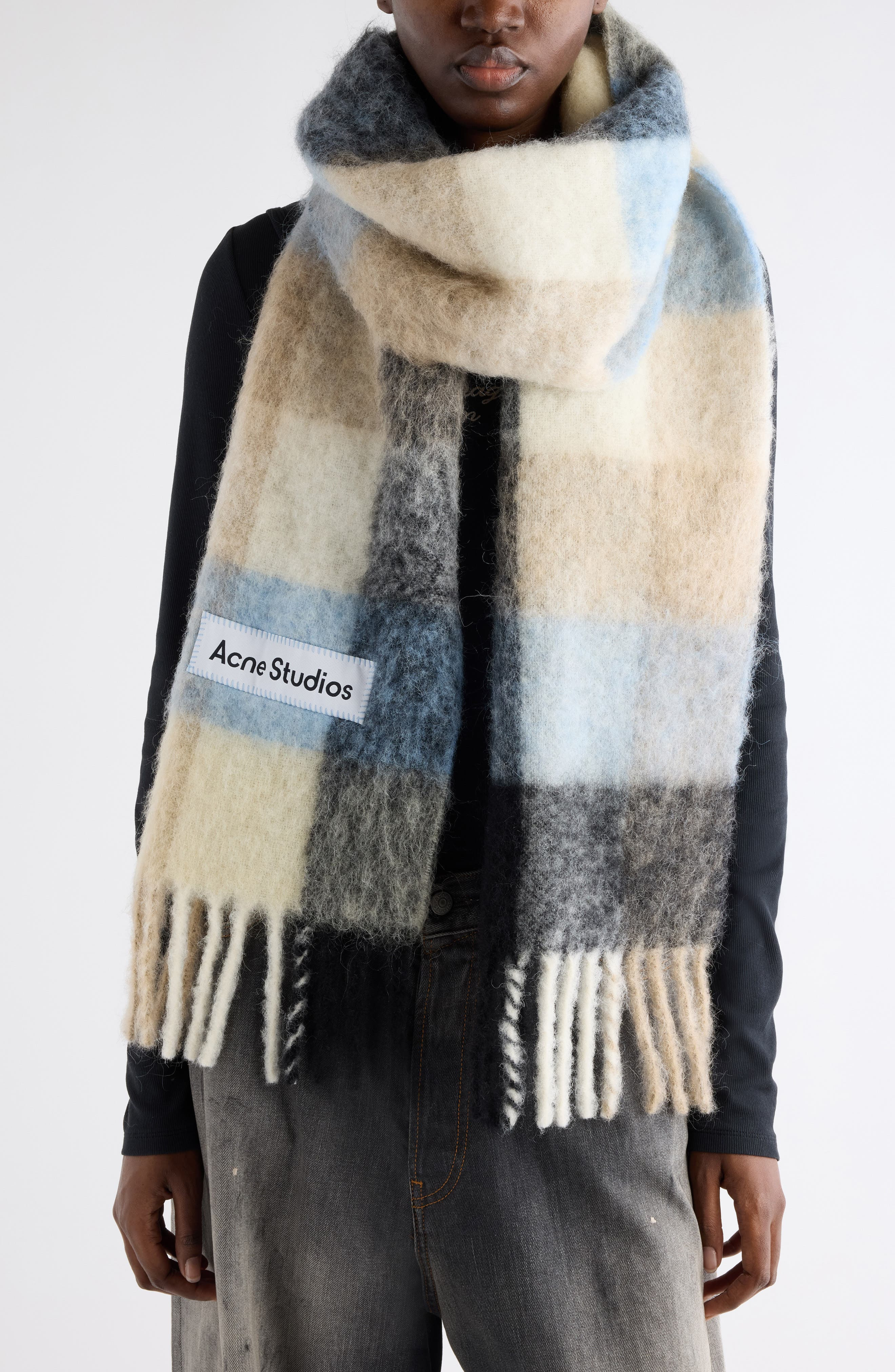 Acne Studios Vally Plaid Alpaca, Wool & Mohair Blend Scarf in Blue/Beige/Black at Nordstrom - 2