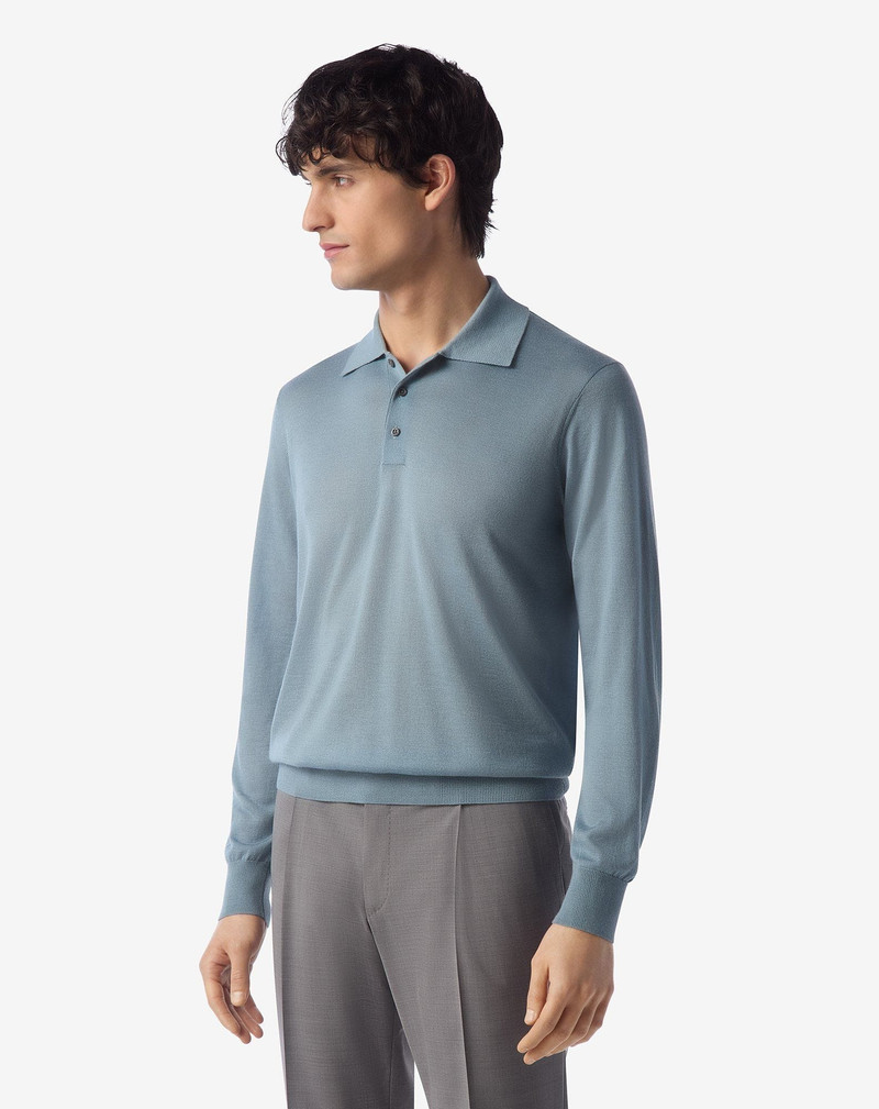 CORNELIANI Light blue long sleeve cashmere and silk polo shirt outlook