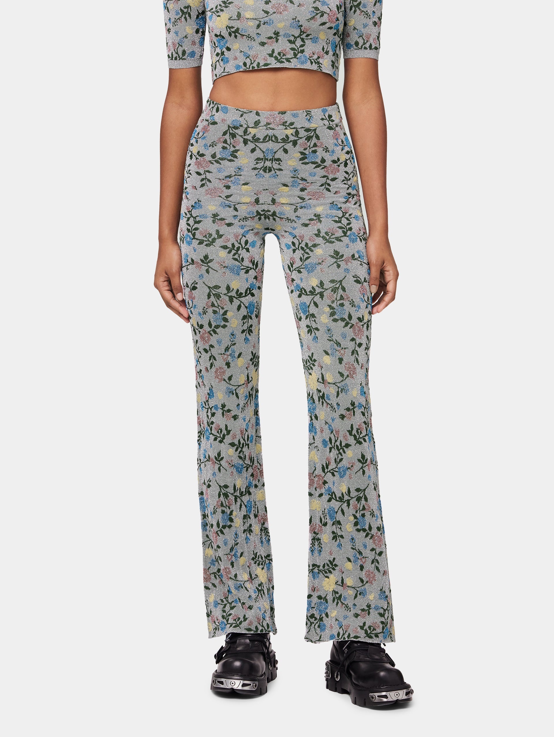 METALLIC FLORAL HIGH-RISE FLARED PANTS - 3