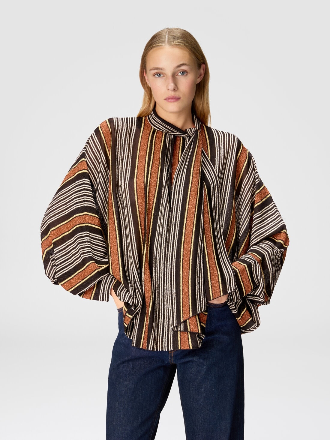 Blouse with scarf collar in lamé striped viscose - 4