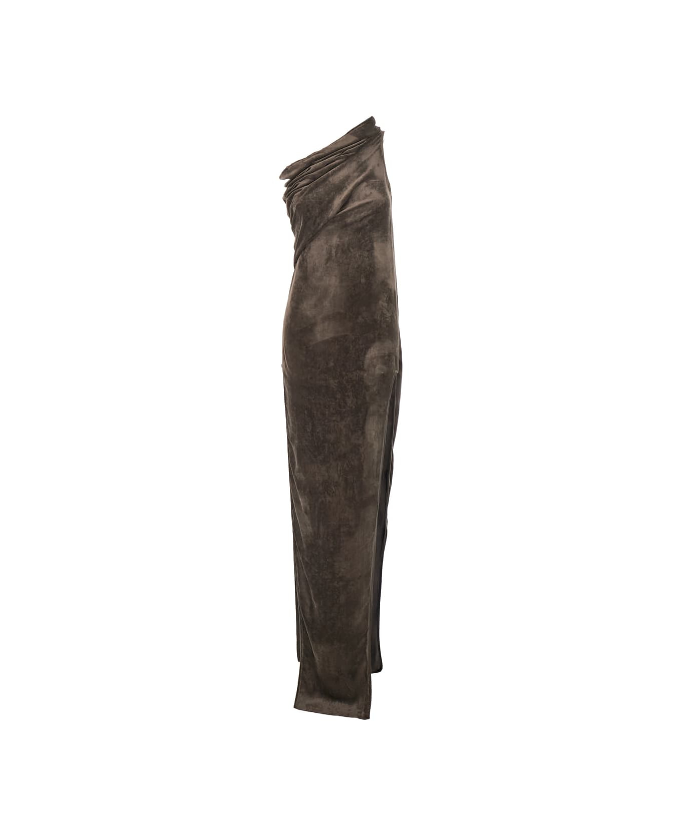 'athena Arrowhead' Brown Asymmetric Long Dress With Ruched Neckline And Side Single Slit In Viscose  - 1