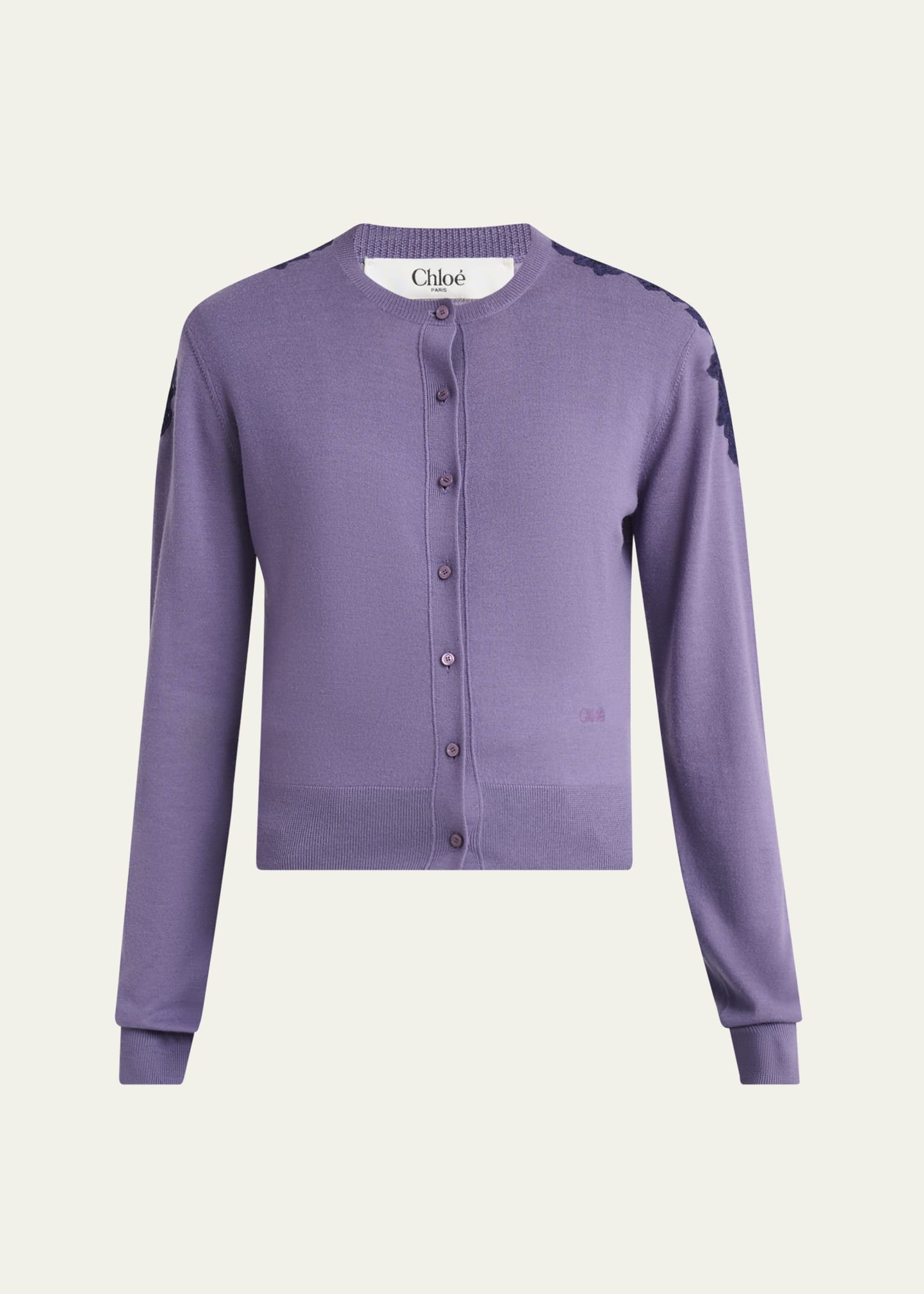 Guipure Lace-Trim Crewneck Knit Cardigan - 1