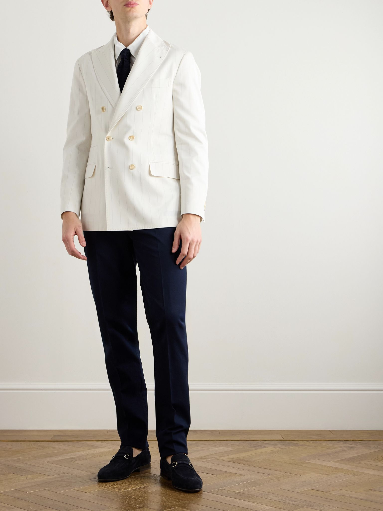 Double-Breasted Pinstriped Wool and Cotton-Blend Twill Blazer White - 2