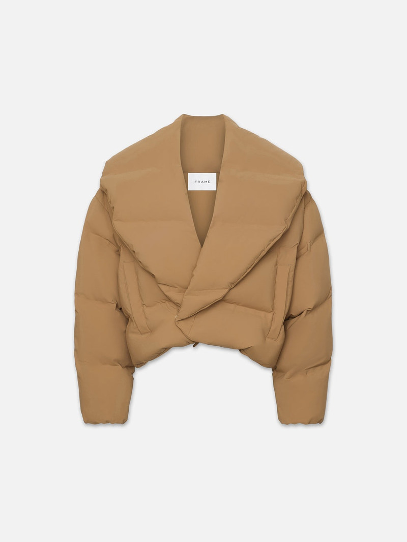 Cropped Shawl Puffer in Camel 1