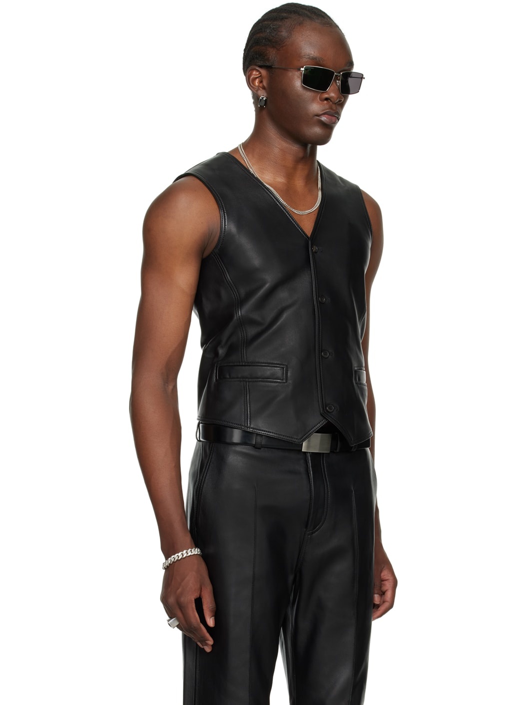 Black Tailored Leather Waistcoat - 3