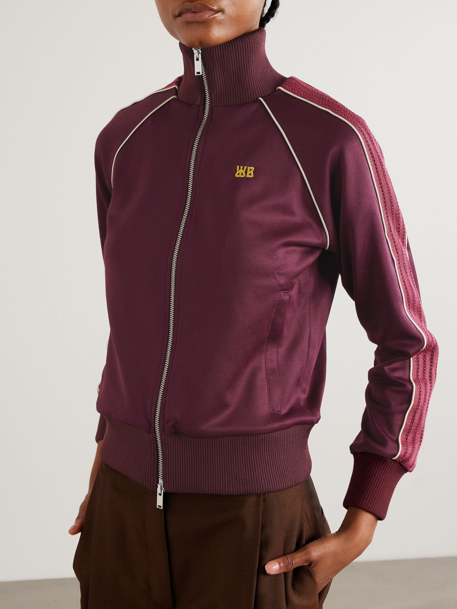 Mantra knit-trimmed embroidered jersey jacket Burgundy - 3