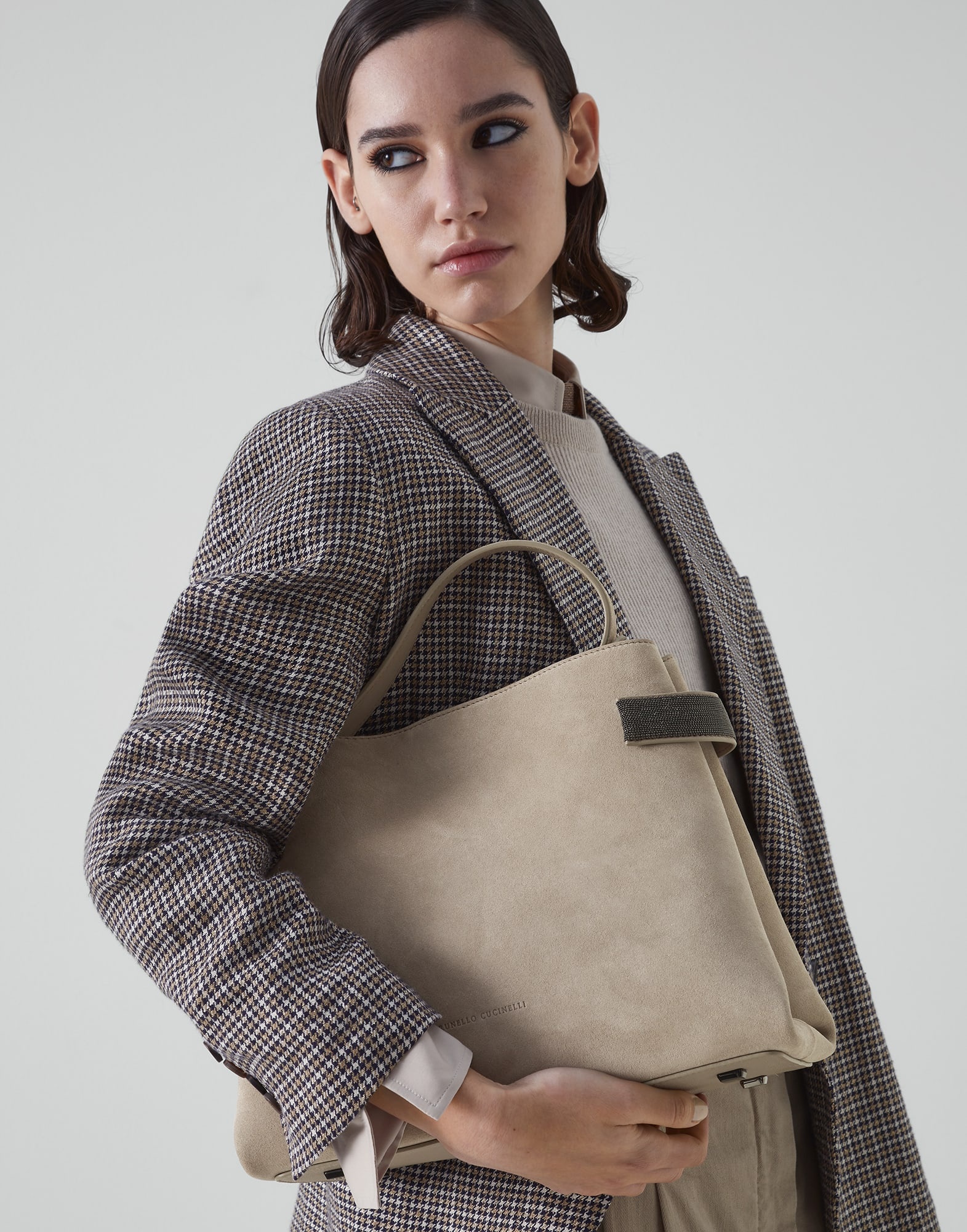 Brunello Cucinelli Suede bag with precious bands | REVERSIBLE