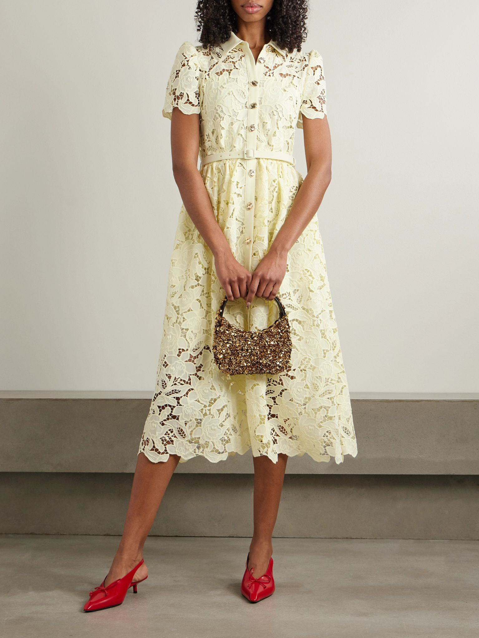 Belted corded lace midi dress Yellow - 2
