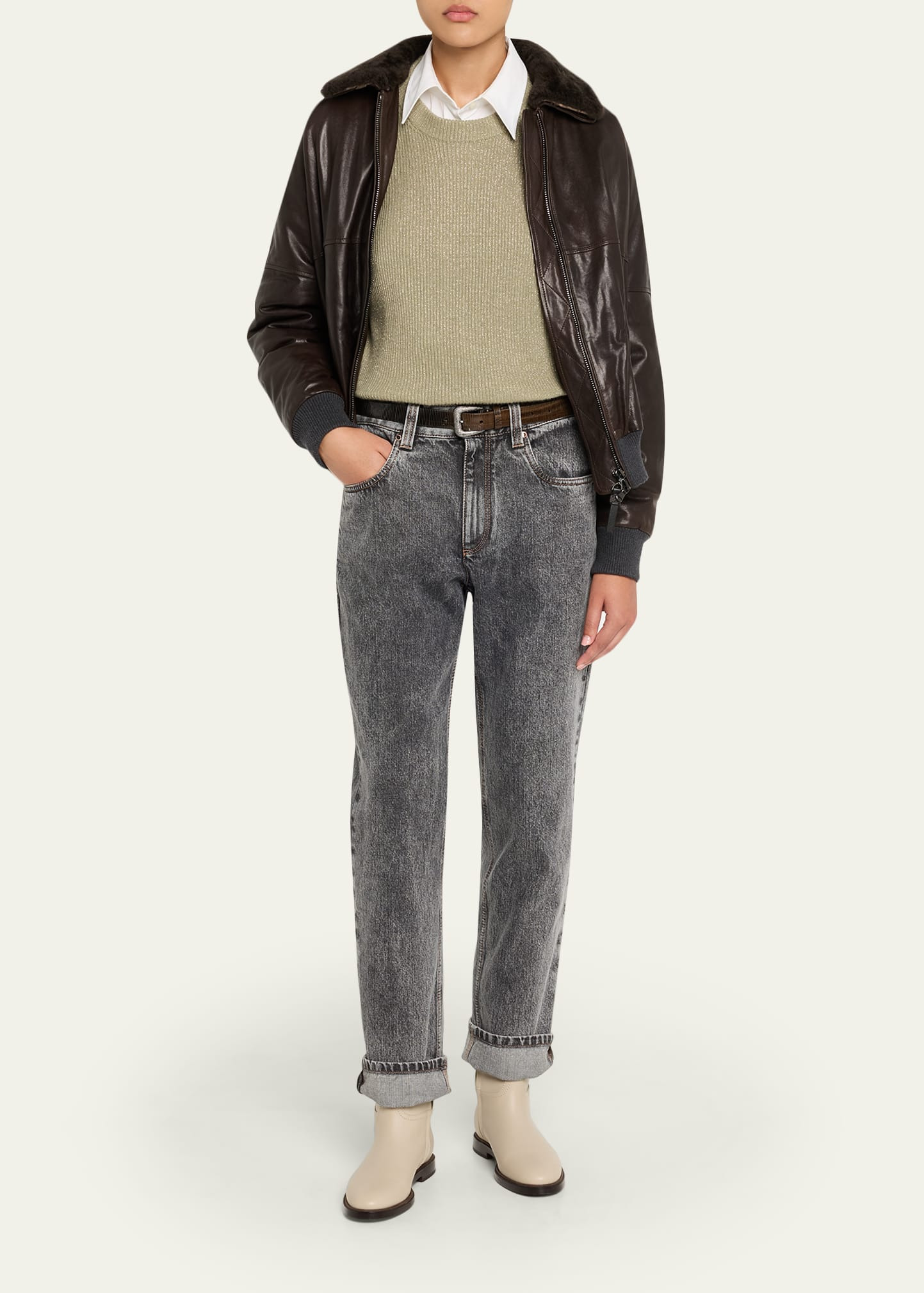 Leather Biker Jacket with Removable Shearling Collar - 2