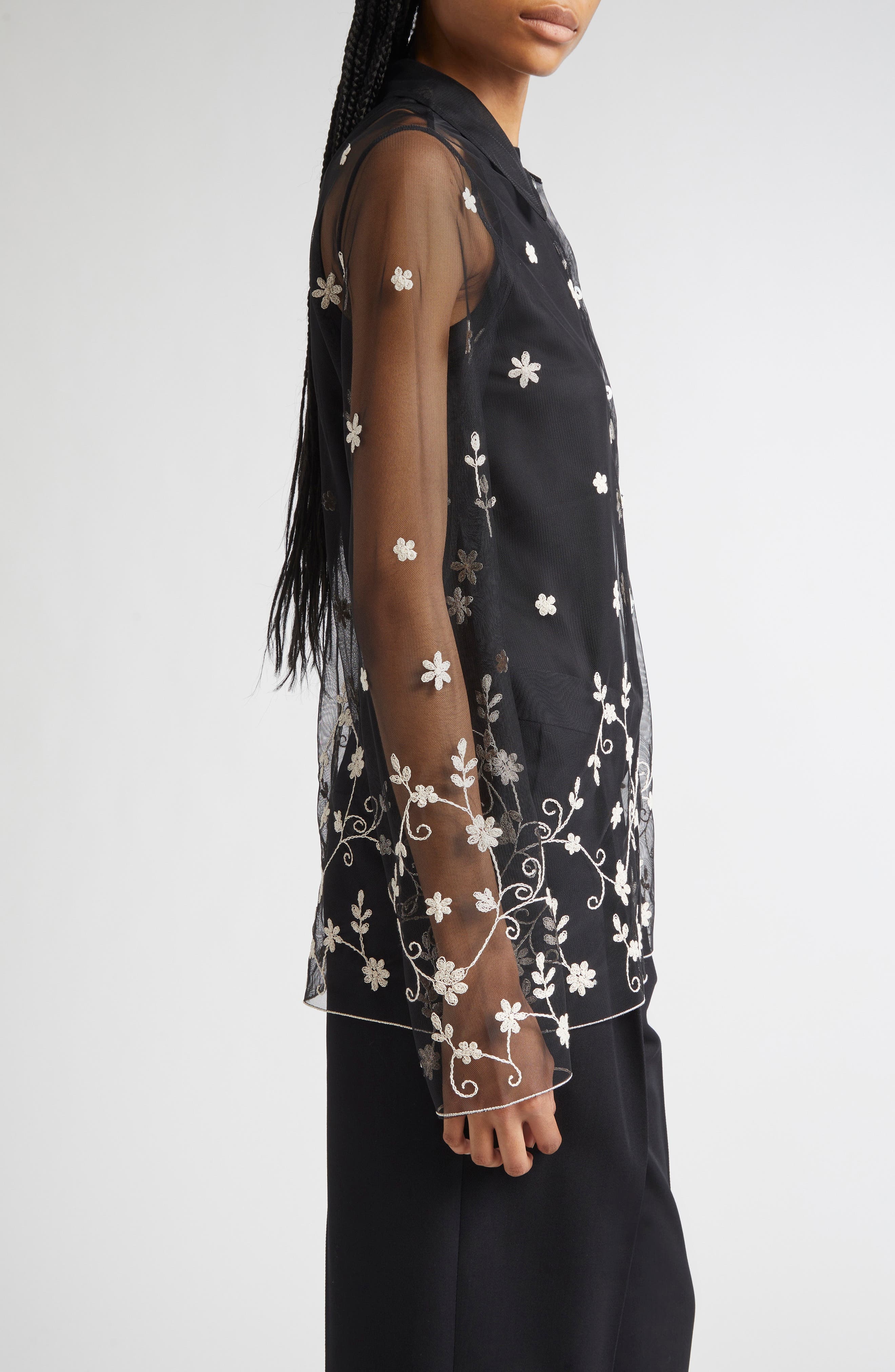 TOTEME Floral Embroidered Tulle Shirt in Black/White at Nordstrom - 4