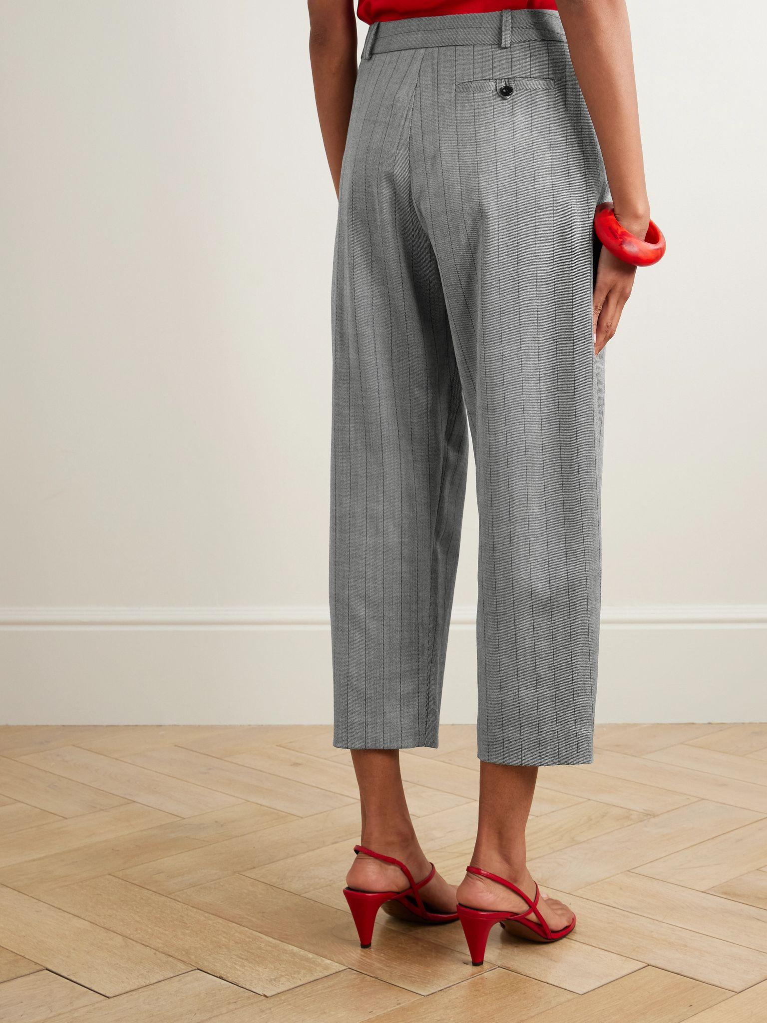 Cropped pleated pinstriped wool-blend twill tapered pants Gray - 4