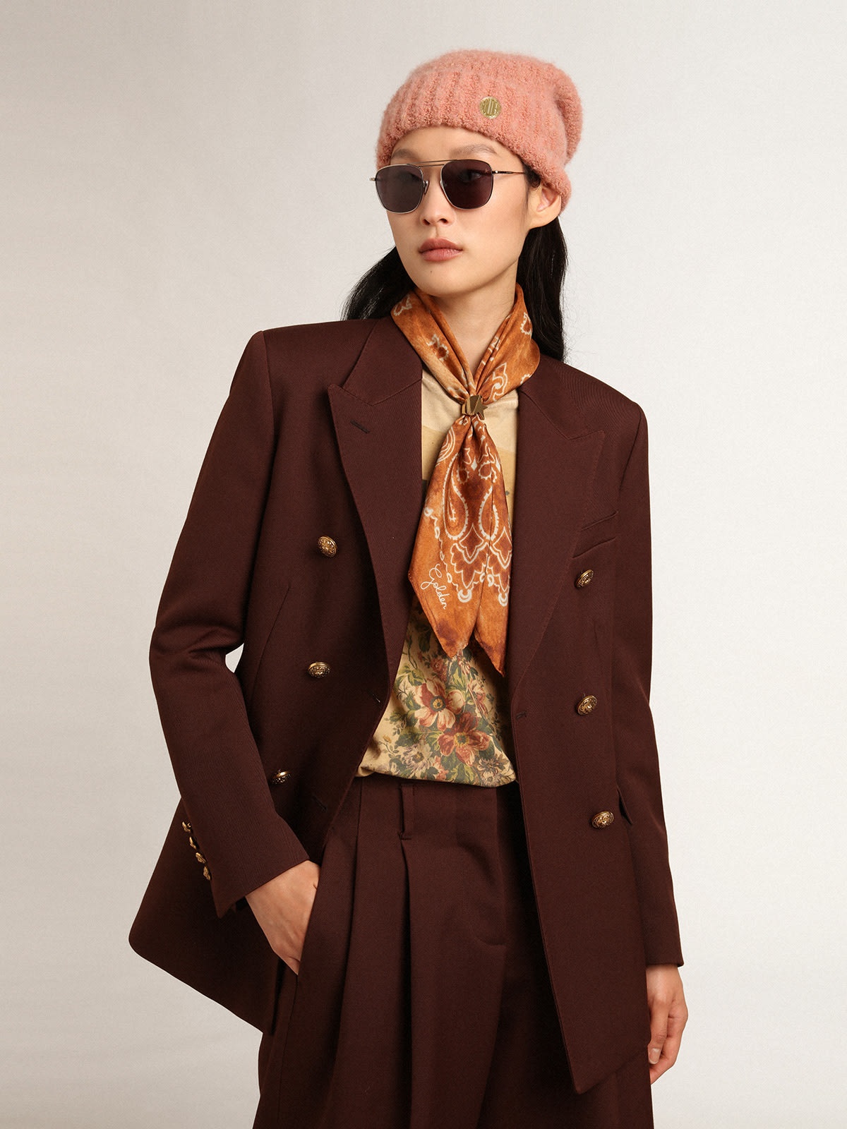 Journey Collection double-breasted blazer in chicory-coffee-colored wool gabardine with gold-colored - 2
