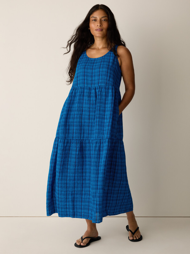 Puckered Organic Linen Plaid Tiered Dress 7