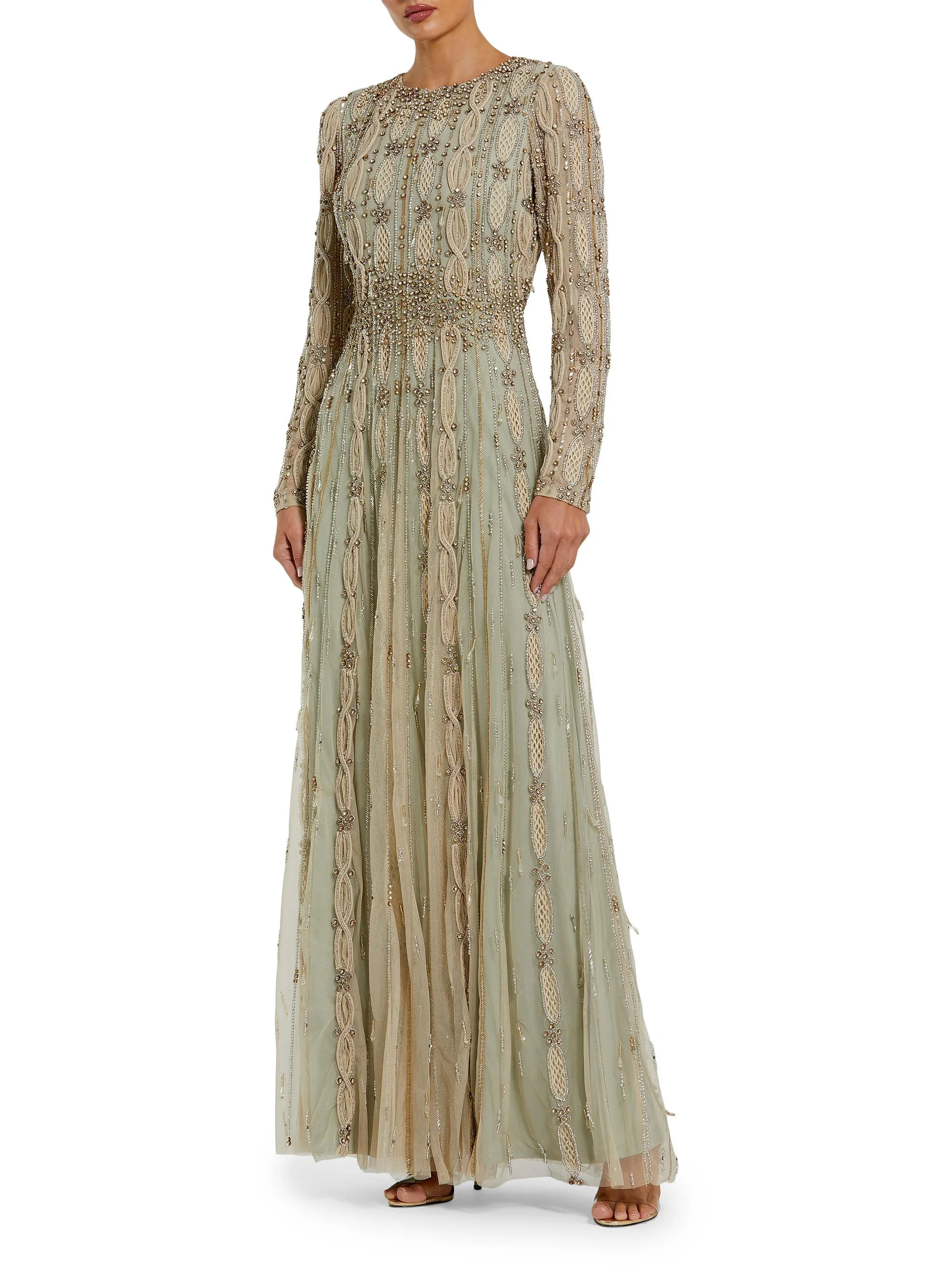 Women's Embellished Tulle Round-Neck Gown - Beige Sage - 1