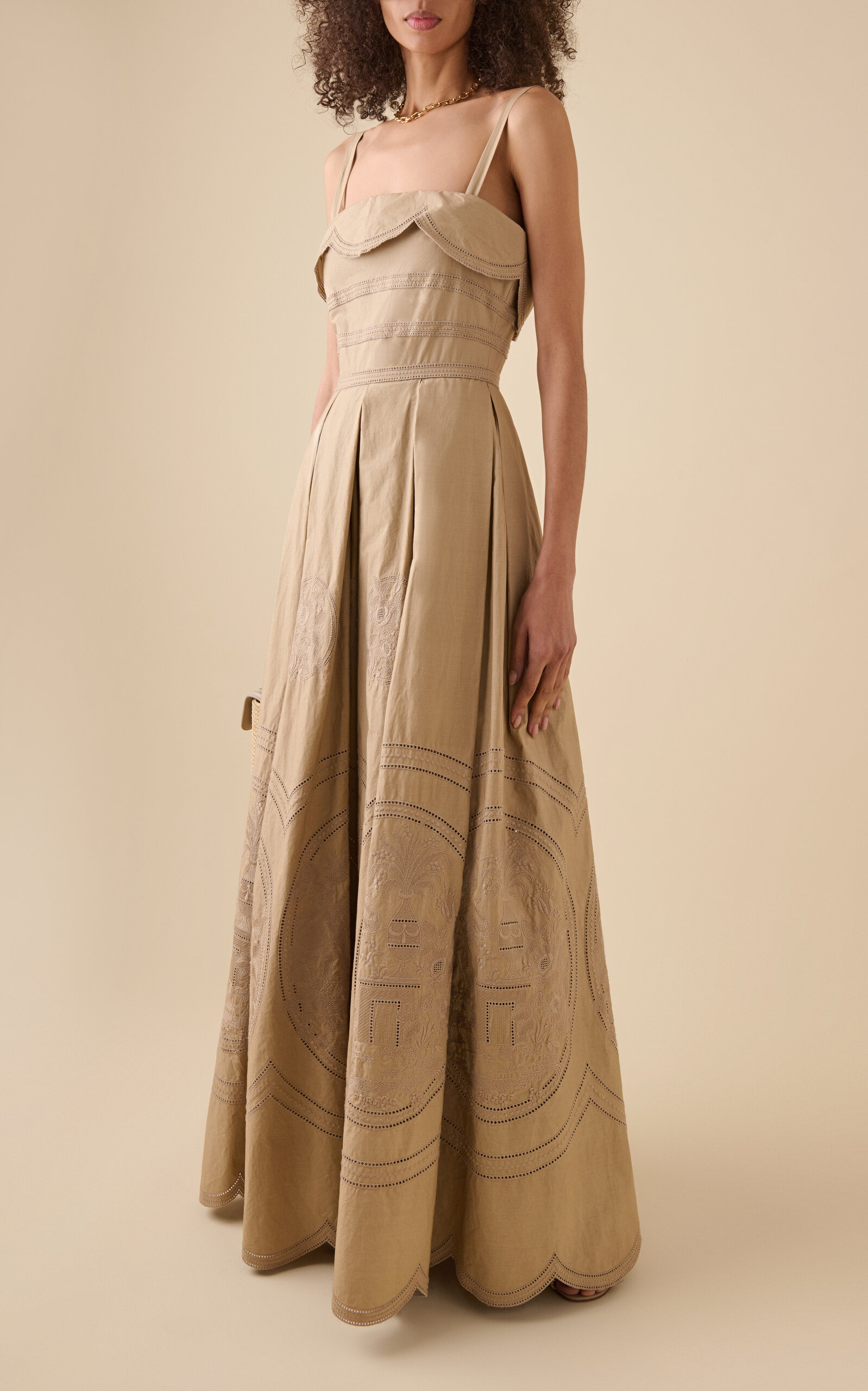 Embroidered Cotton-Blend Maxi Dress tan - 3