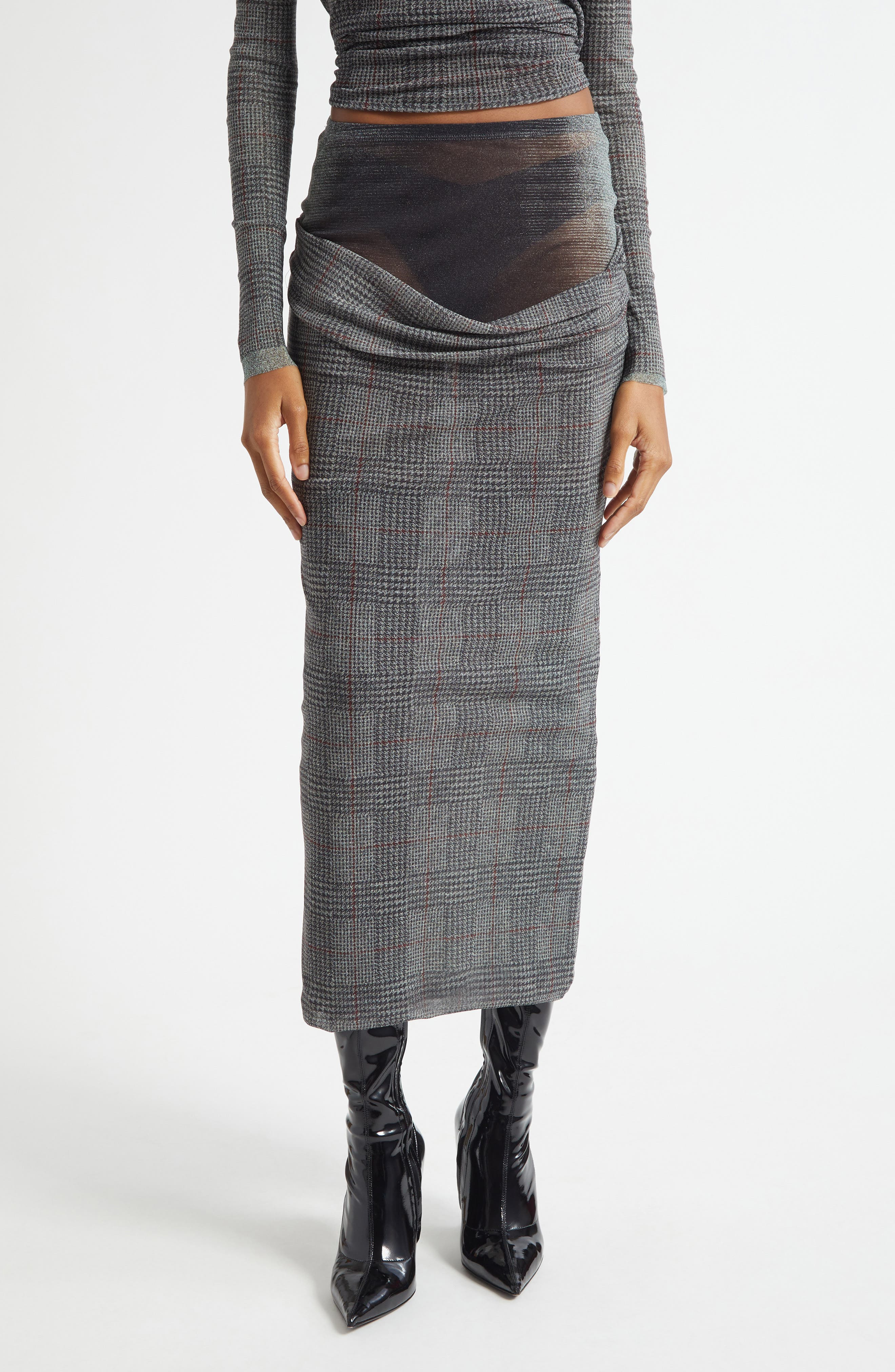 Jean Paul Gaultier Double Layer Prince of Wales Print Mesh Midi Skirt in Light Grey/Vanilla/Red at N - 1