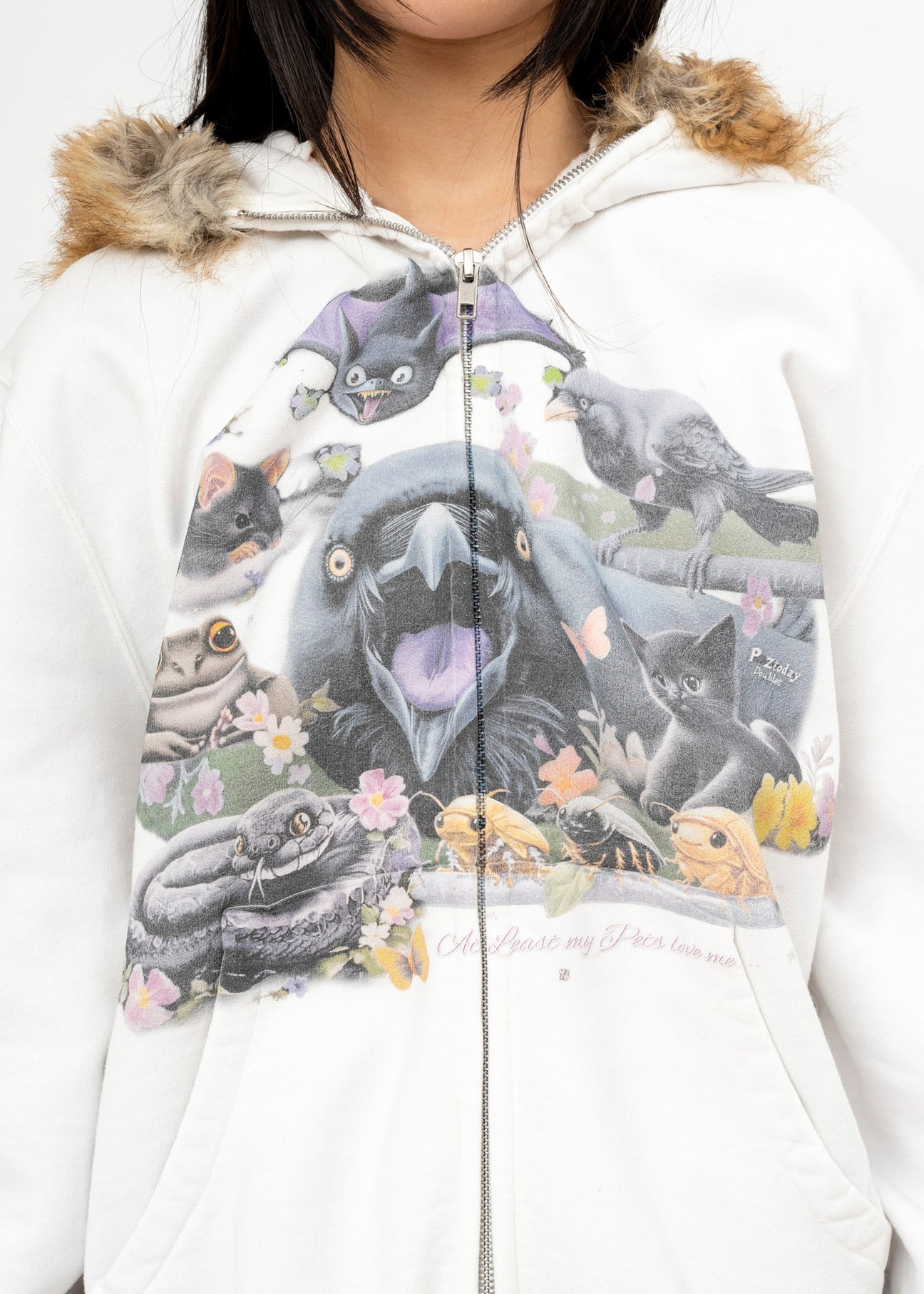 IVORY DOUBLET FURRY COLLAR ZIP-UP HOODIE - 4