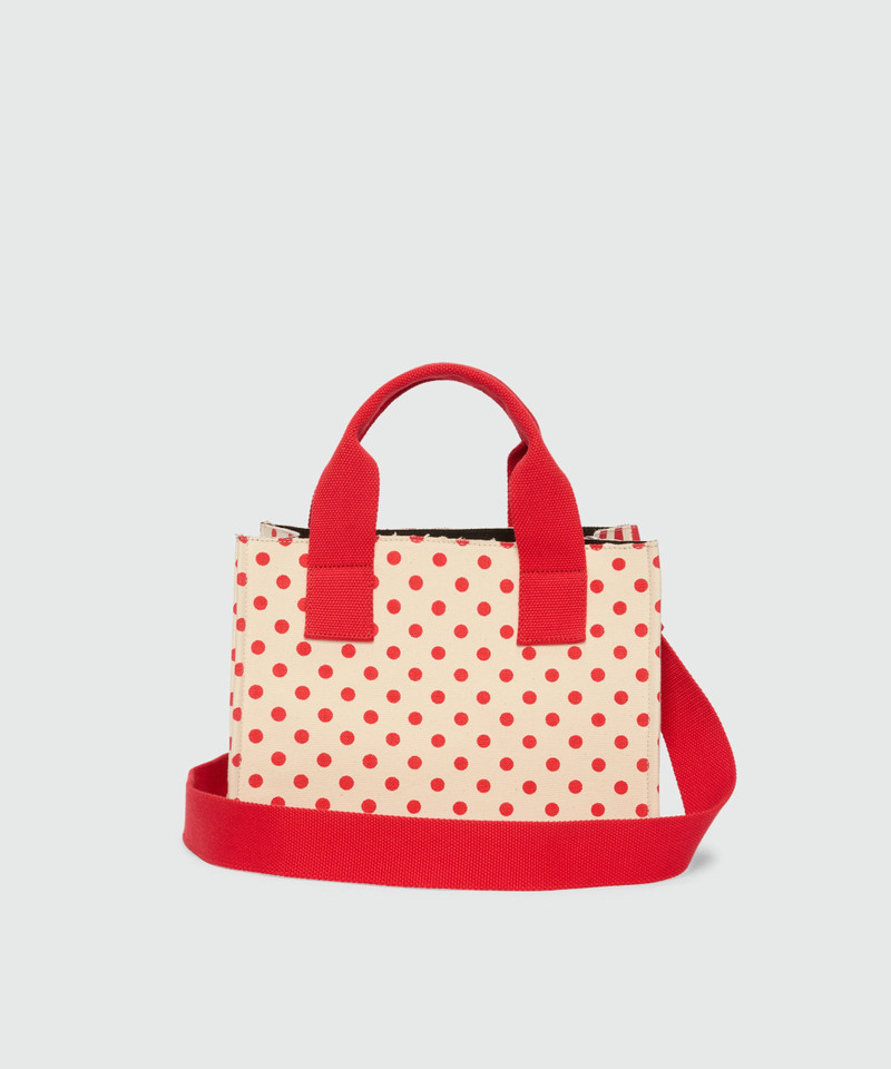 Small canvas tote with polka dot and stripe print. 3