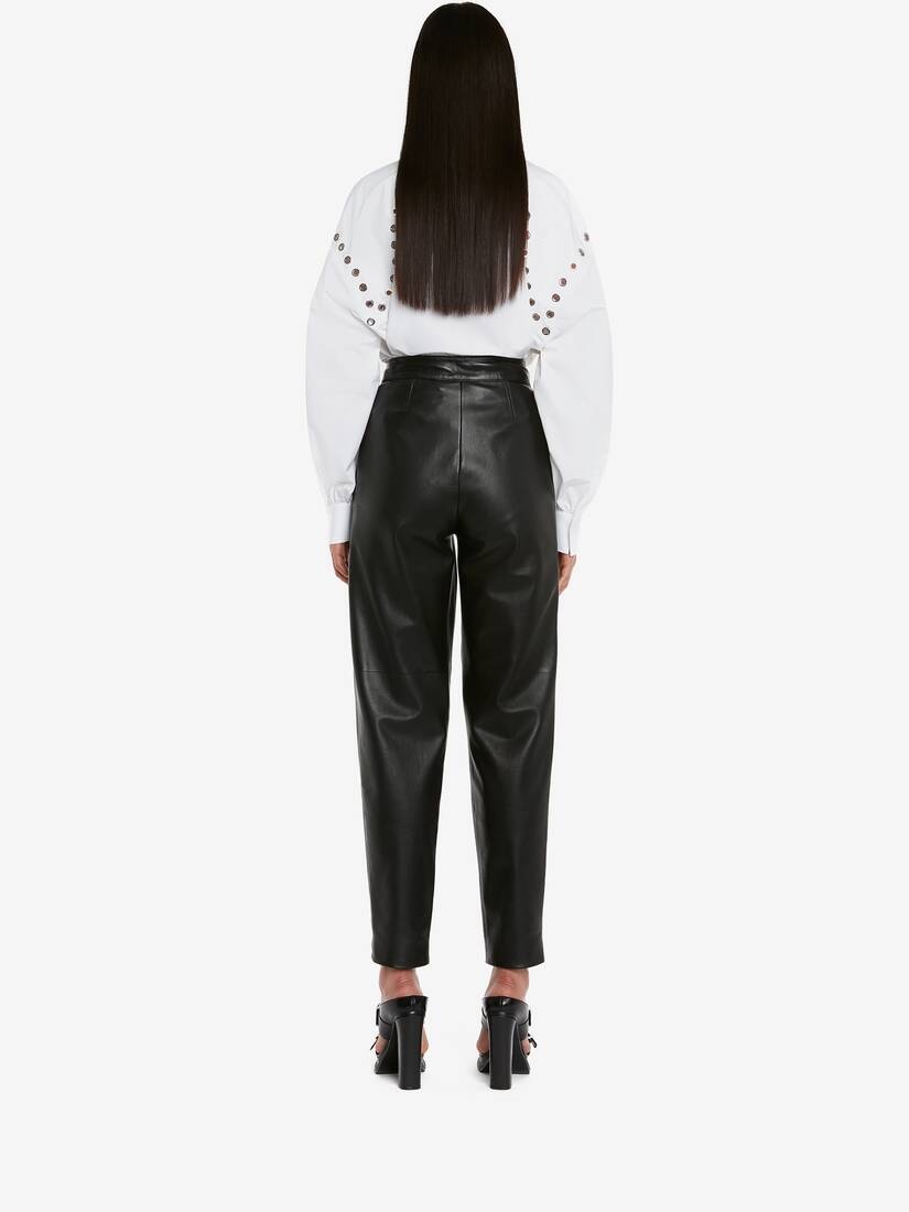 Women's Pleated Leather Trousers in Black - 4