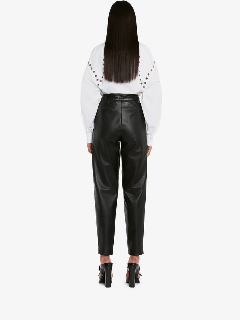 Women's Pleated Leather Trousers in Black 4