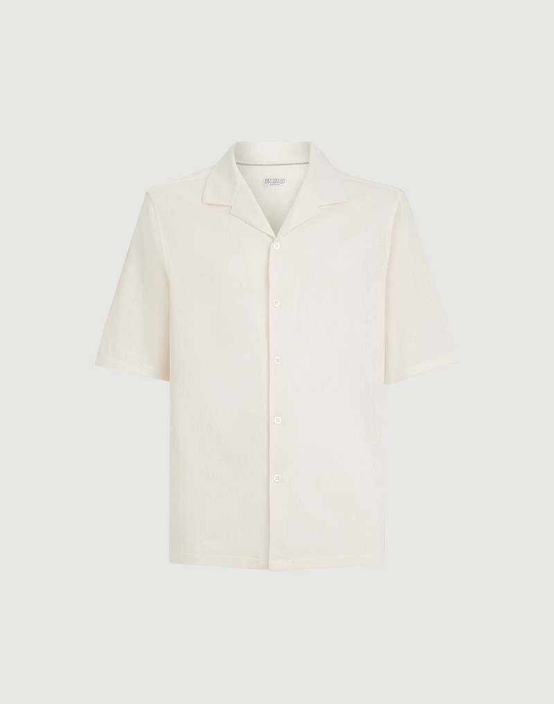 Linen and cotton chevron jersey short sleeve shirt with camp collar 1