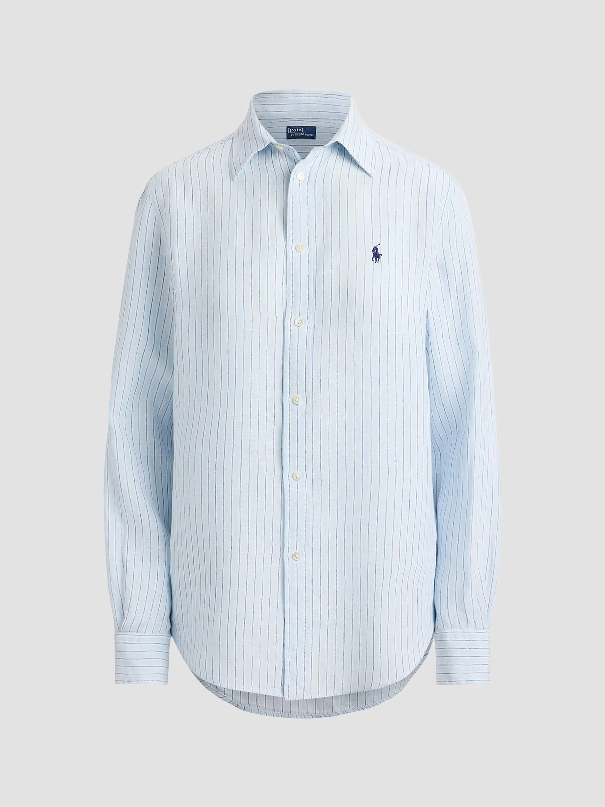 Women's Striped Linen Sport Shirt - Light Blue White - 1