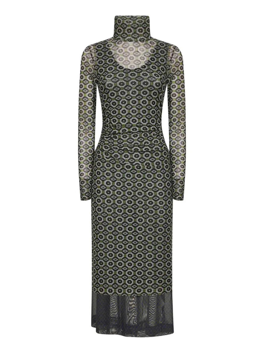 Dries Van Noten Green Printed Mesh Layered Midi Dress - 1
