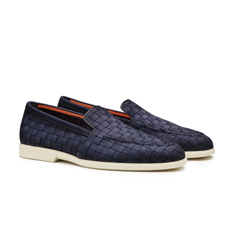 Santoni Men's blue woven suede loafer outlook