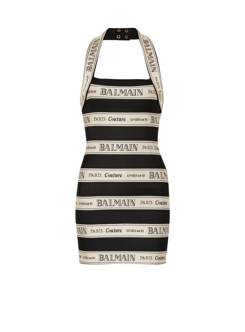 Jacquard halterneck dress with Balmain ribbon motif 1