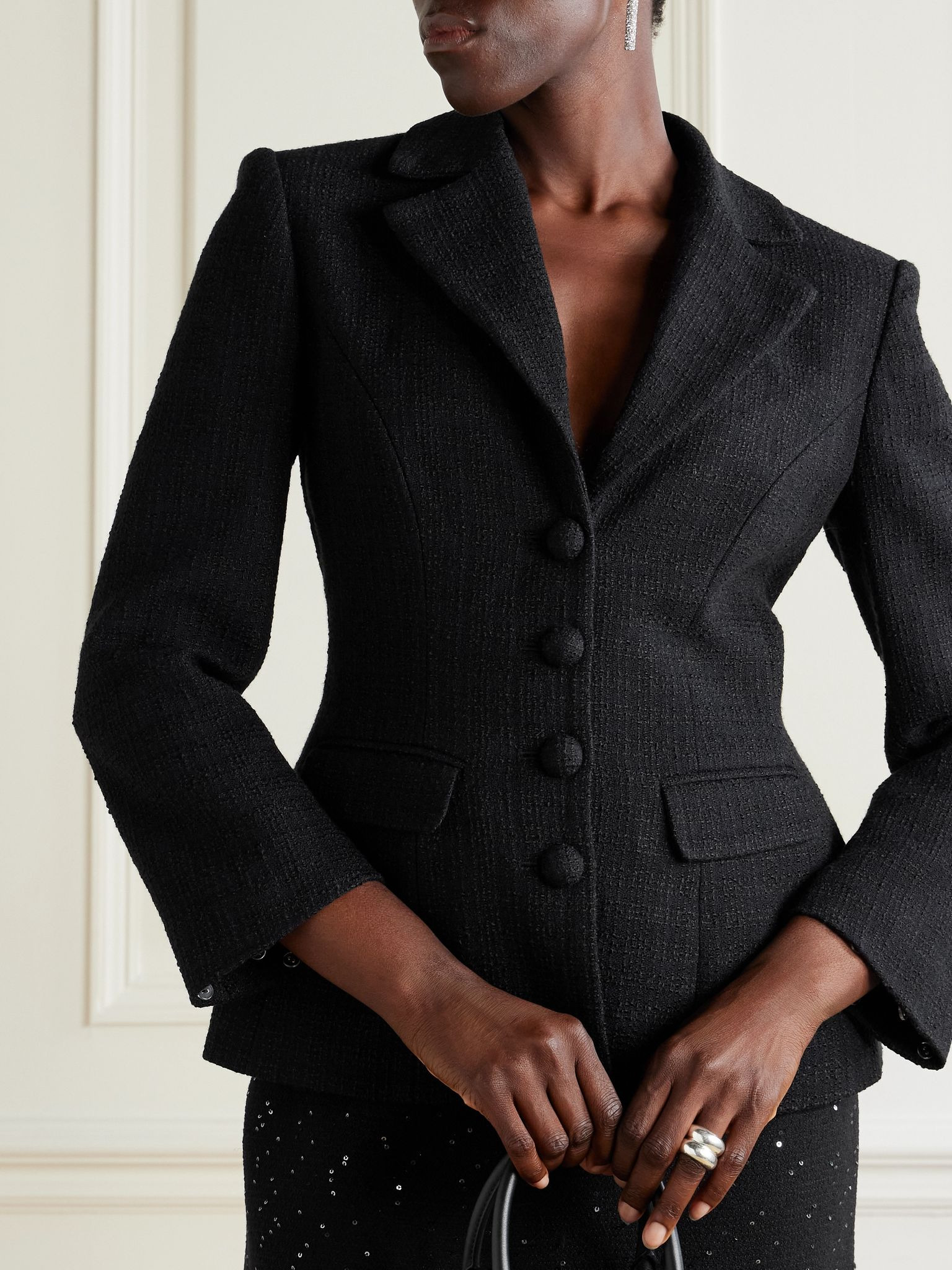 Plush-trimmed bouclé-tweed jacket Black - 5